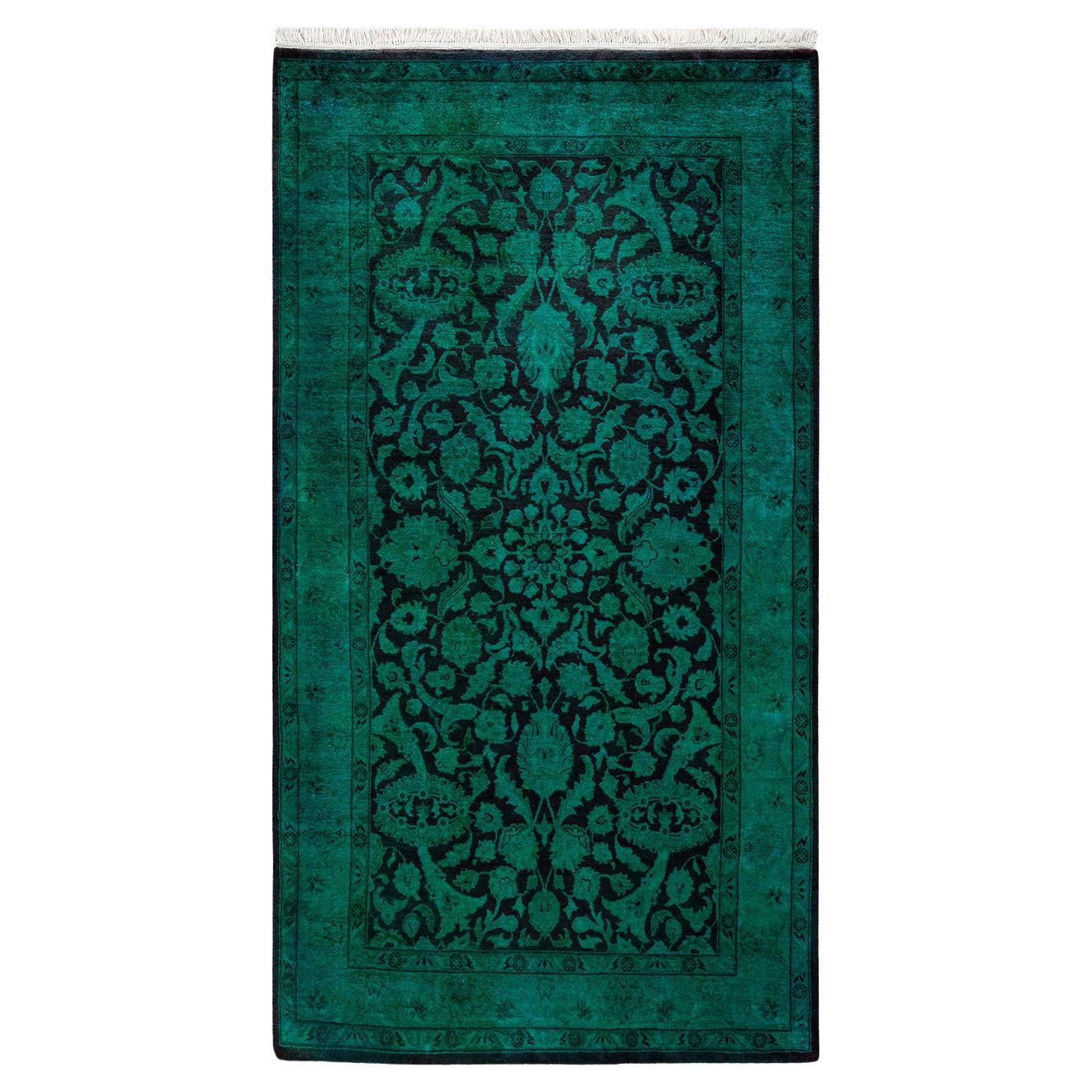 Contemporary Overdyed Hand Knotted Wool Green Area Rug