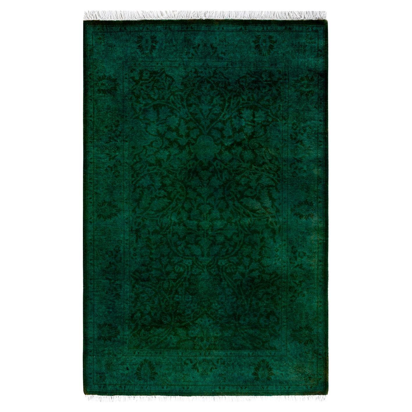 Contemporary Overdyed Hand Knotted Wool Green Area Rug For Sale