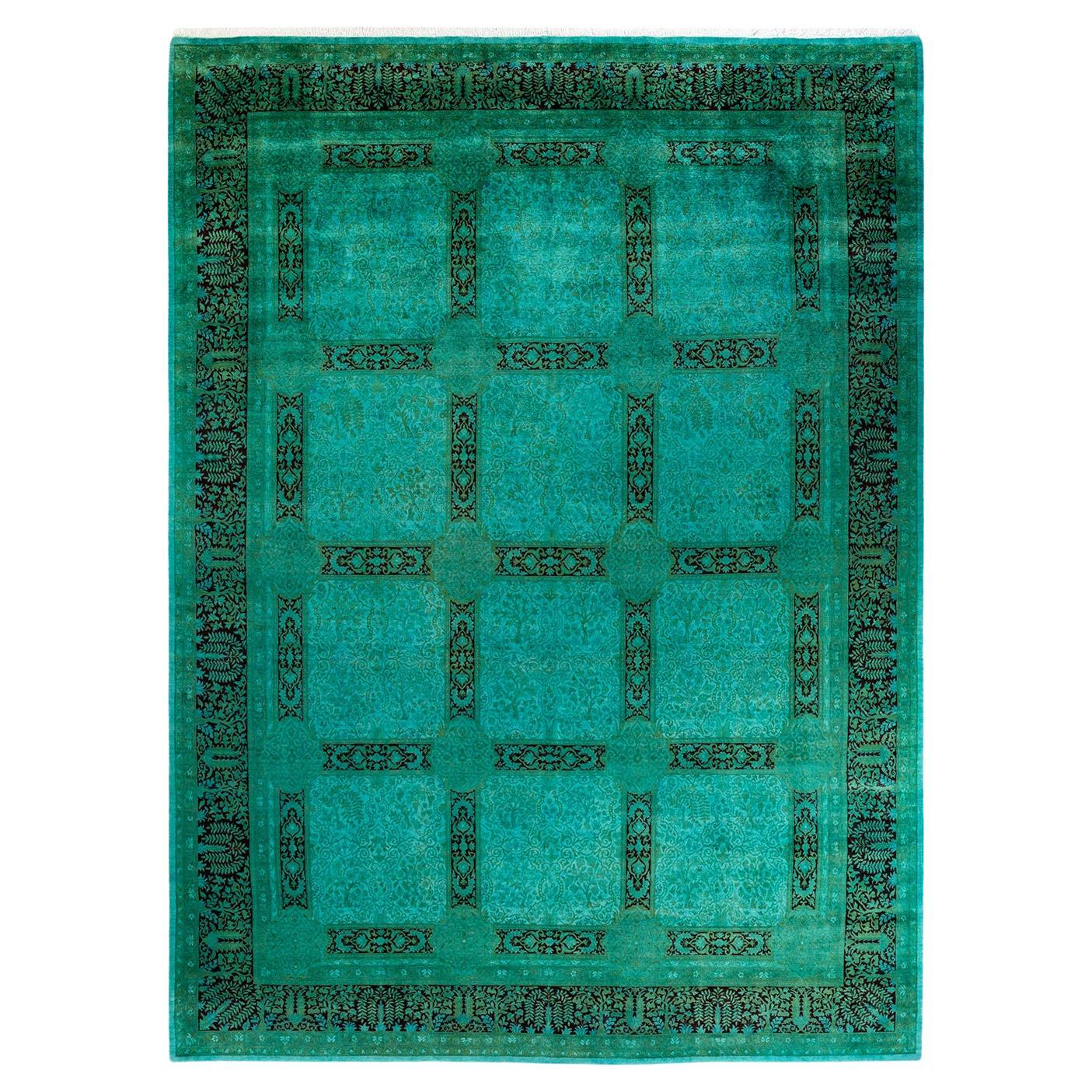 Contemporary Overdyed Hand Knotted Wool Green Area Rug For Sale