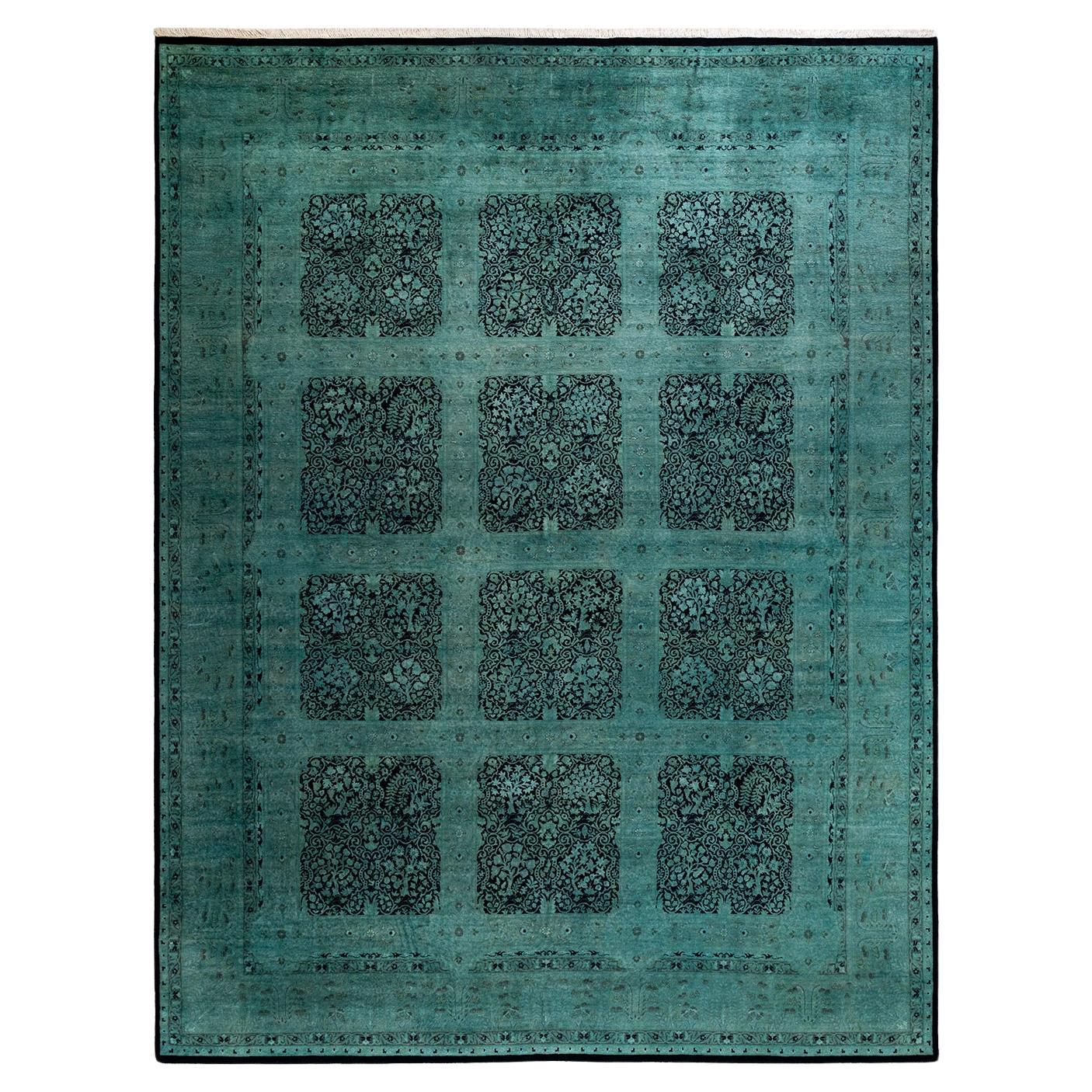 Contemporary Overdyed Hand Knotted Wool Green Area Rug For Sale