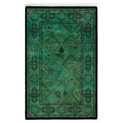 Contemporary Overdyed Hand Knotted Wool Green Area Rug