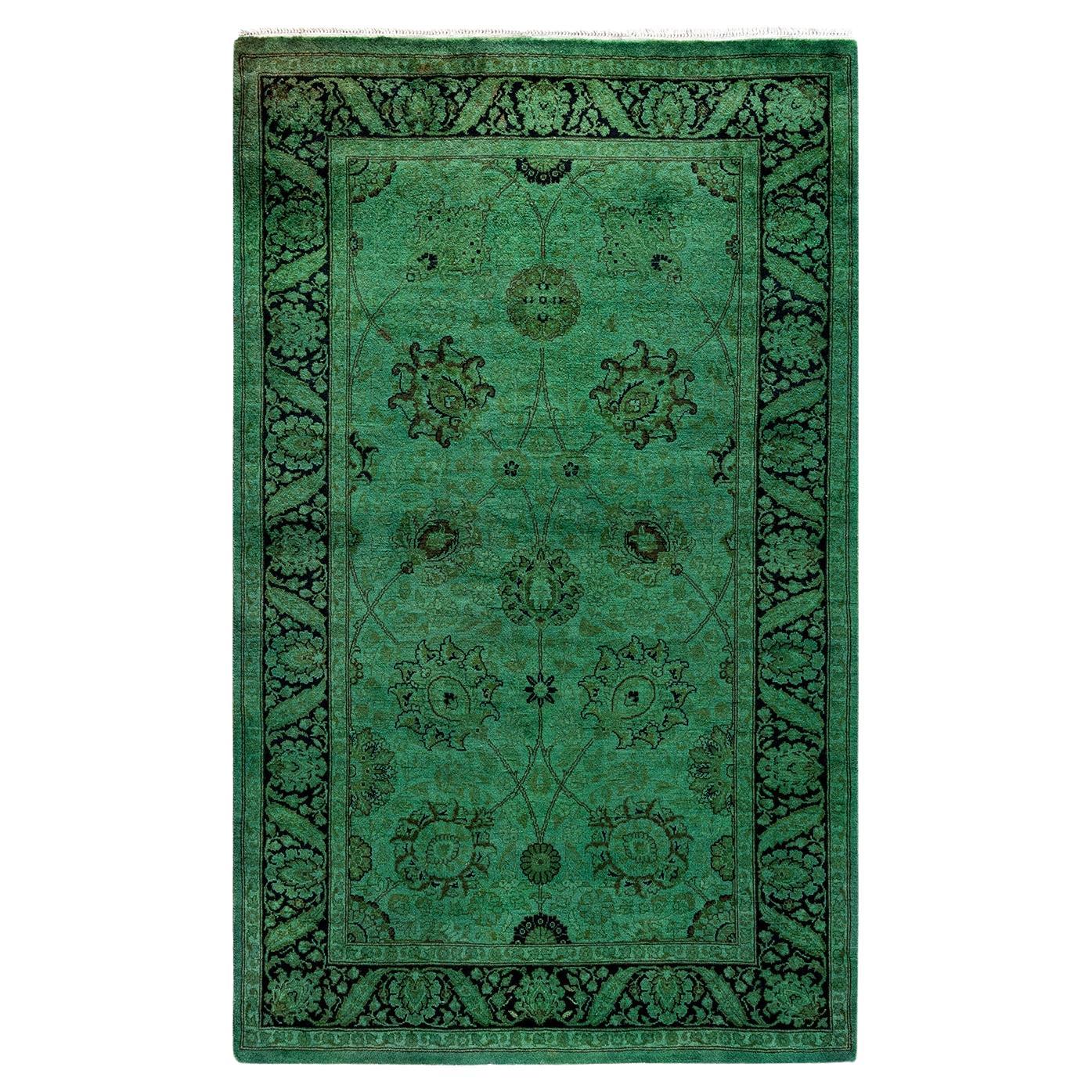 Contemporary Overdyed Hand Knotted Wool Green Area Rug For Sale