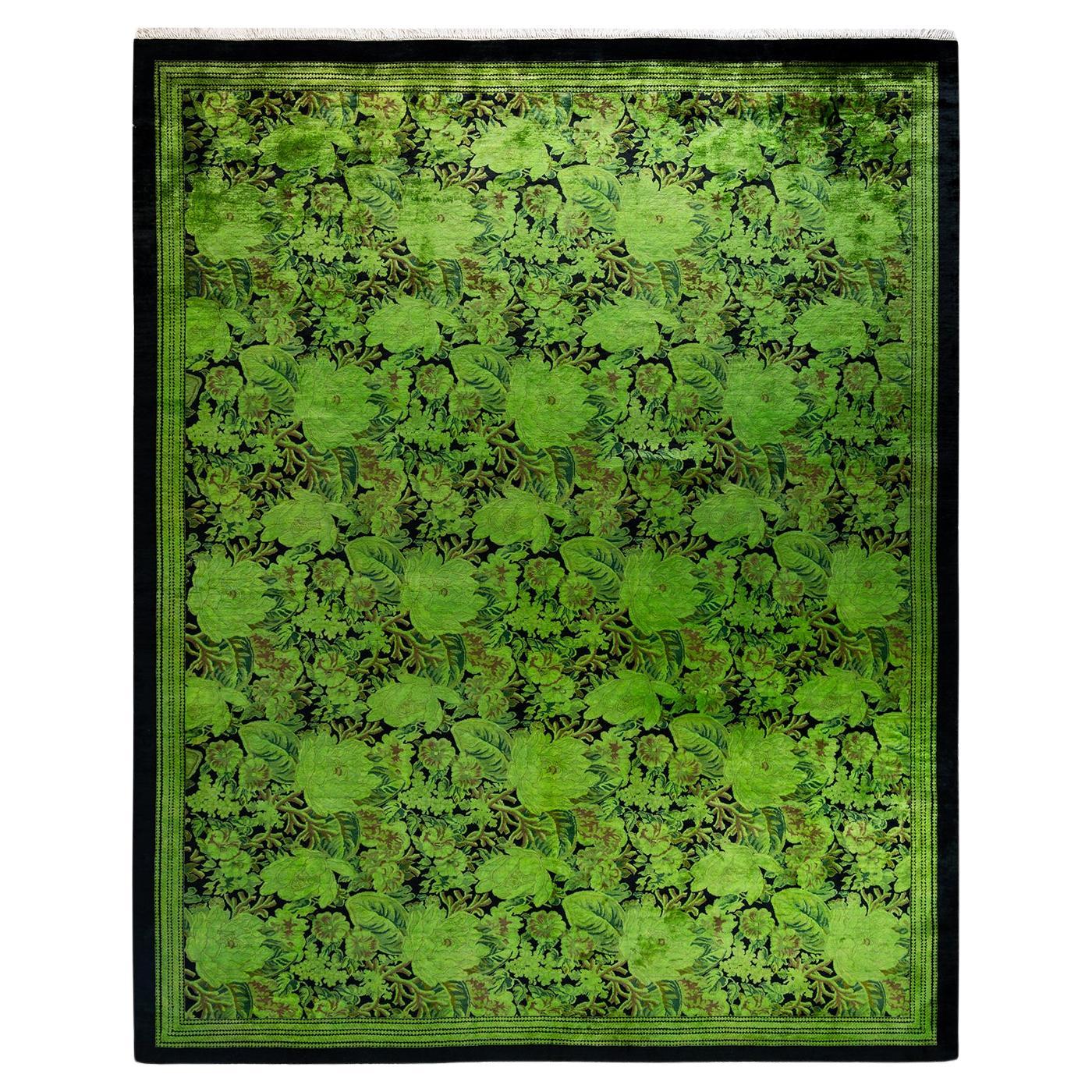Contemporary Overdyed Hand Knots Rugs (Tappeto di lana verde)