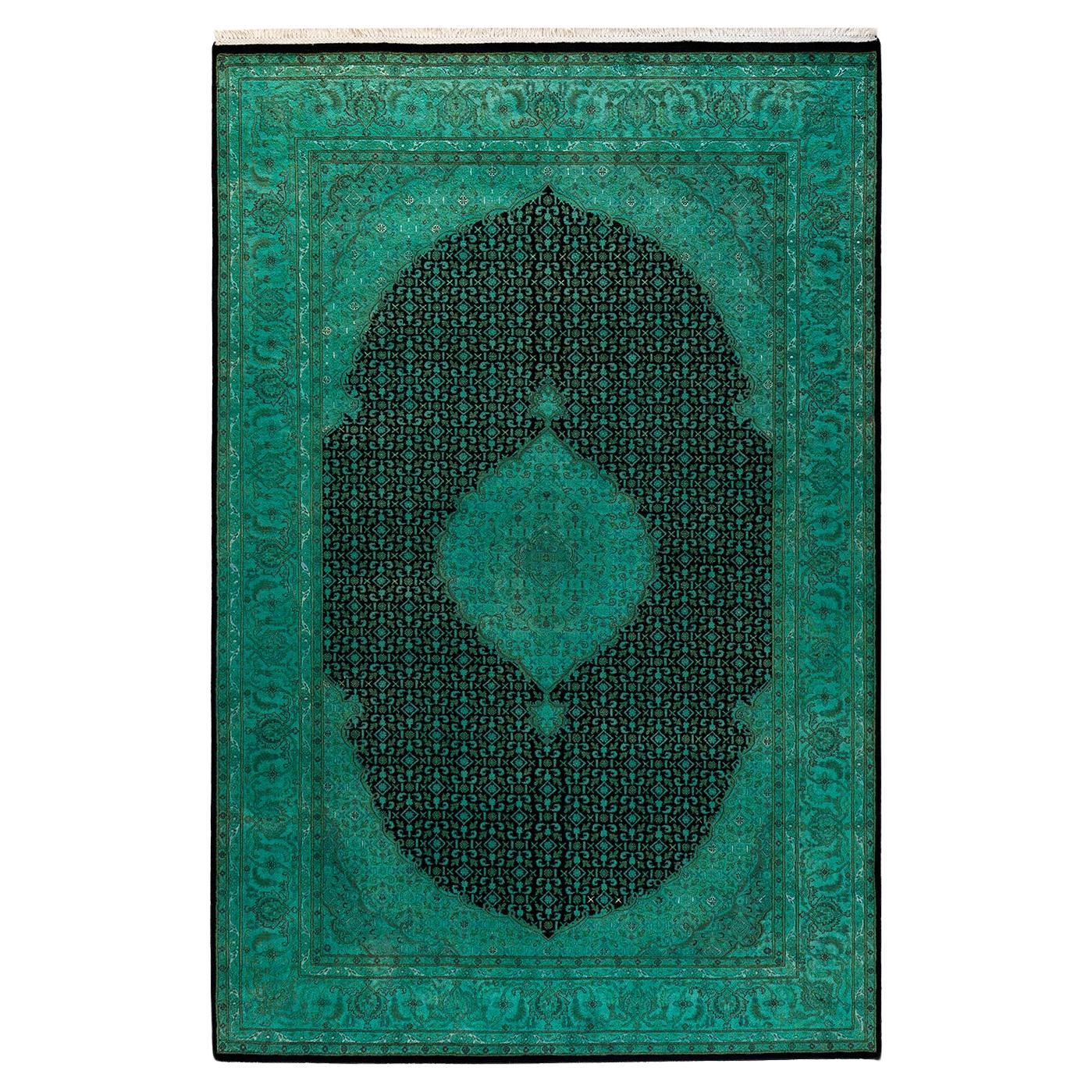 Contemporary Overdyed Hand Knotted Wool Green Area Rug