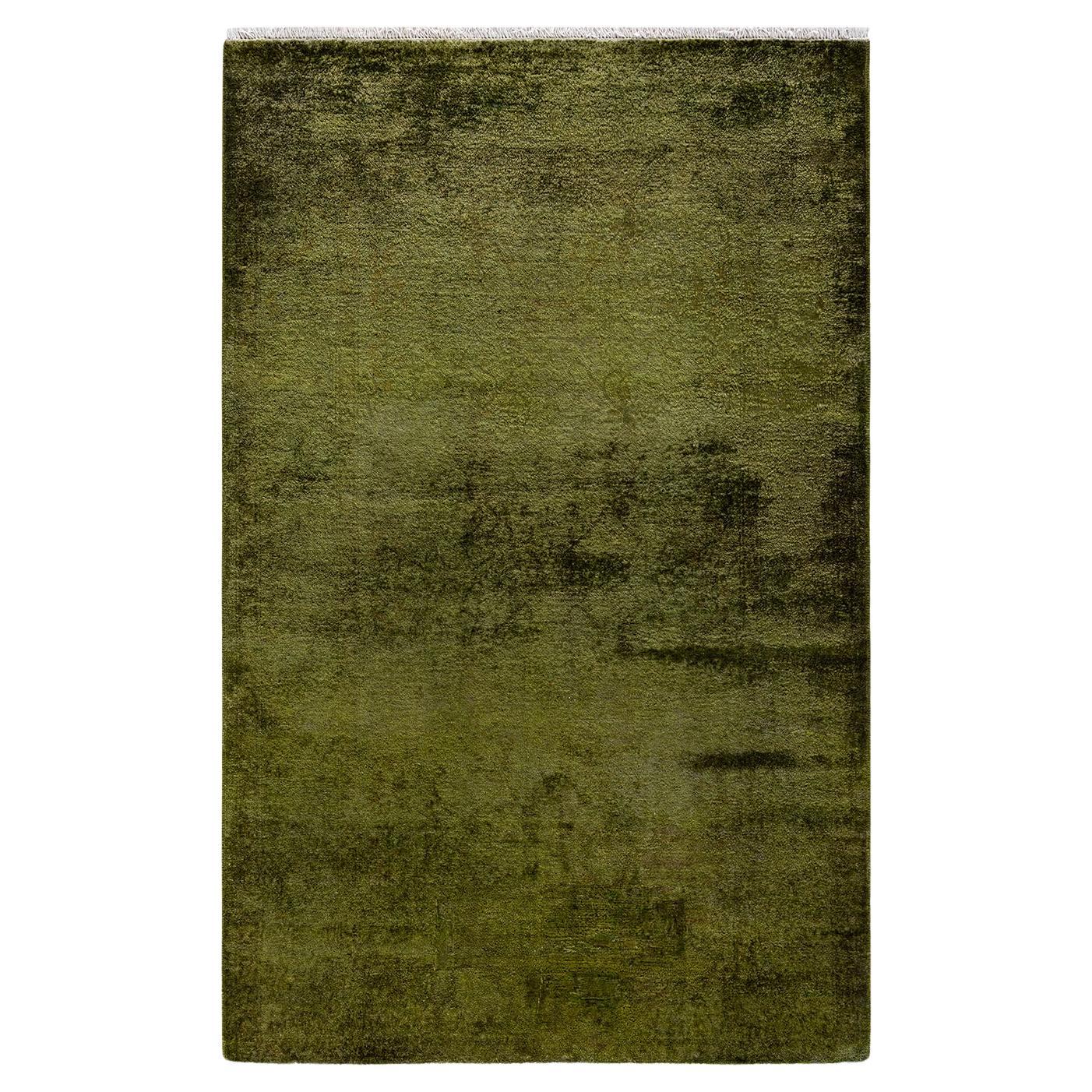 Contemporary Overdyed Hand Knotted Wool Green Area Rug For Sale