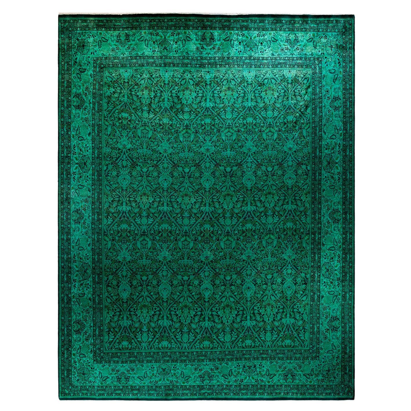 Contemporary Overdyed Hand Knotted Wool Green Area Rug For Sale