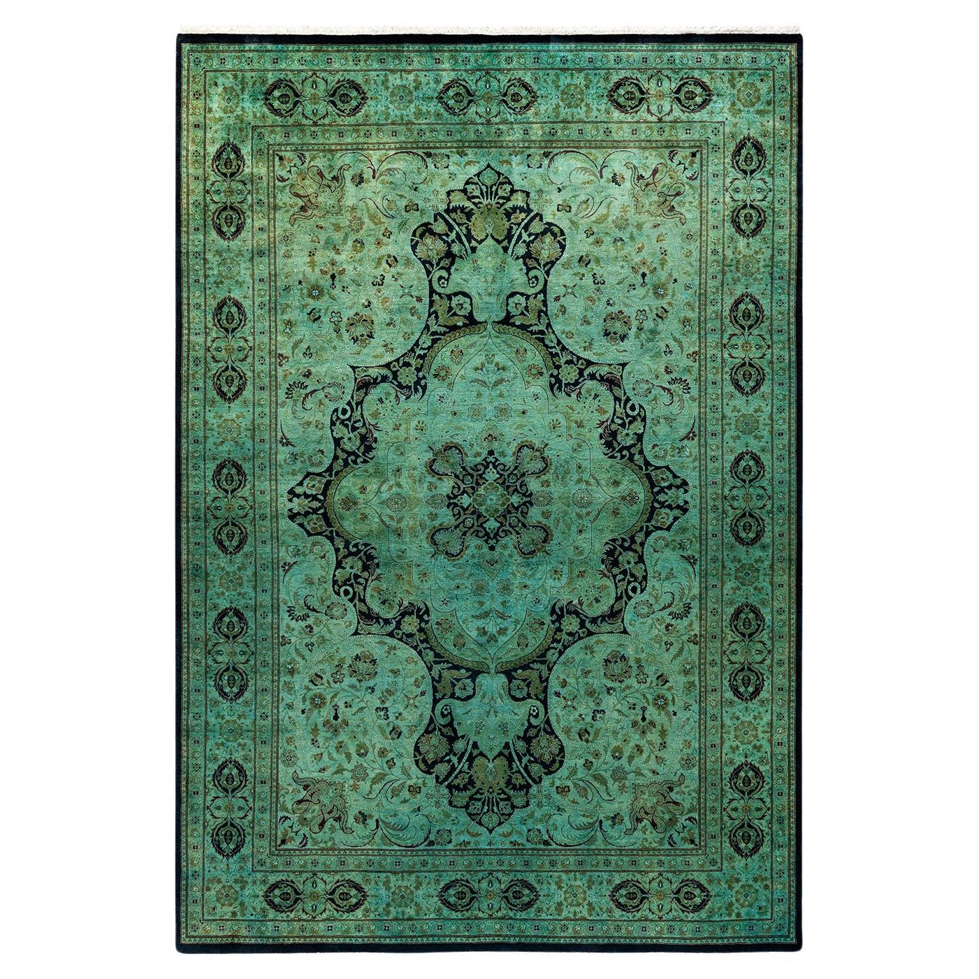 Contemporary Overdyed Hand Knotted Wool Green Area Rug