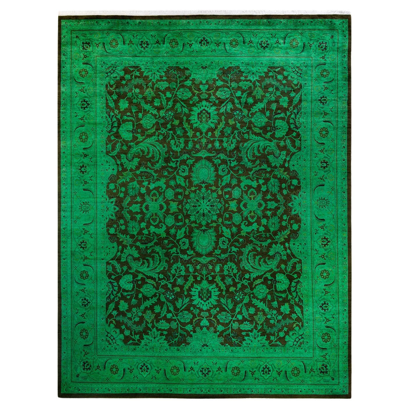 Contemporary Overdyed Handknotted Wool Green Area Rug
