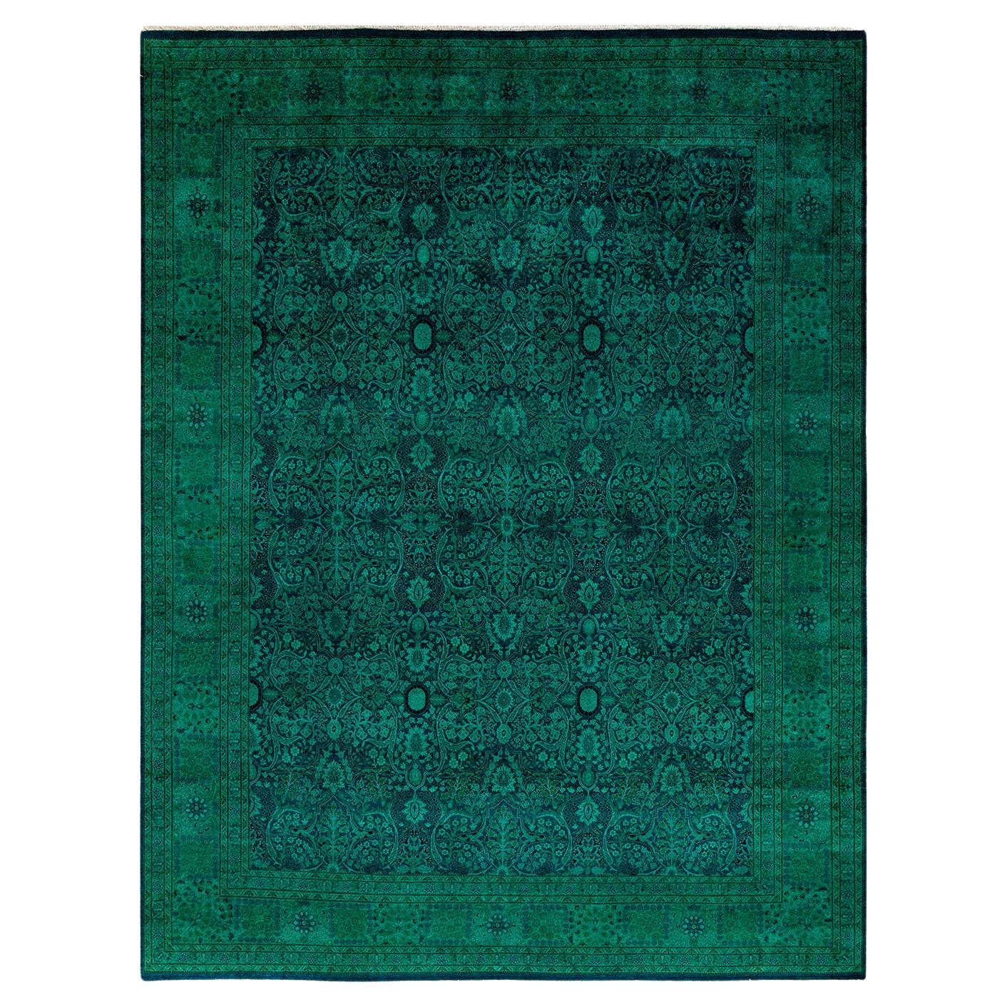 Contemporary Overdyed Hand Knotted Wool Green Area Rug