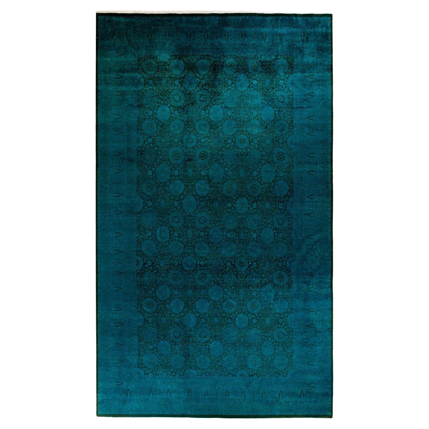 Contemporary Overdyed Hand Knotted Wool Green Area Rug For Sale