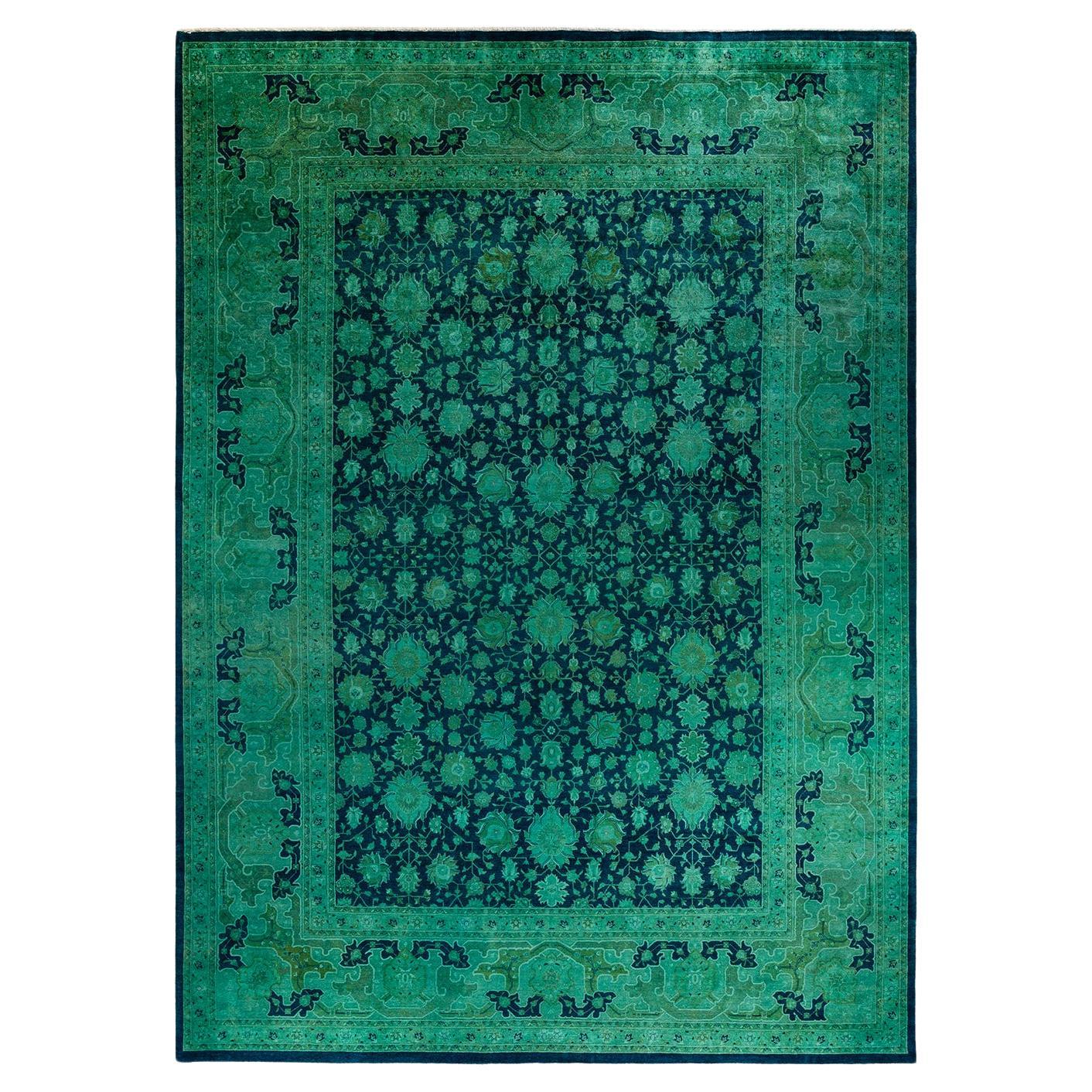 Contemporary Overdyed Handknotted Wool Green Area Rug