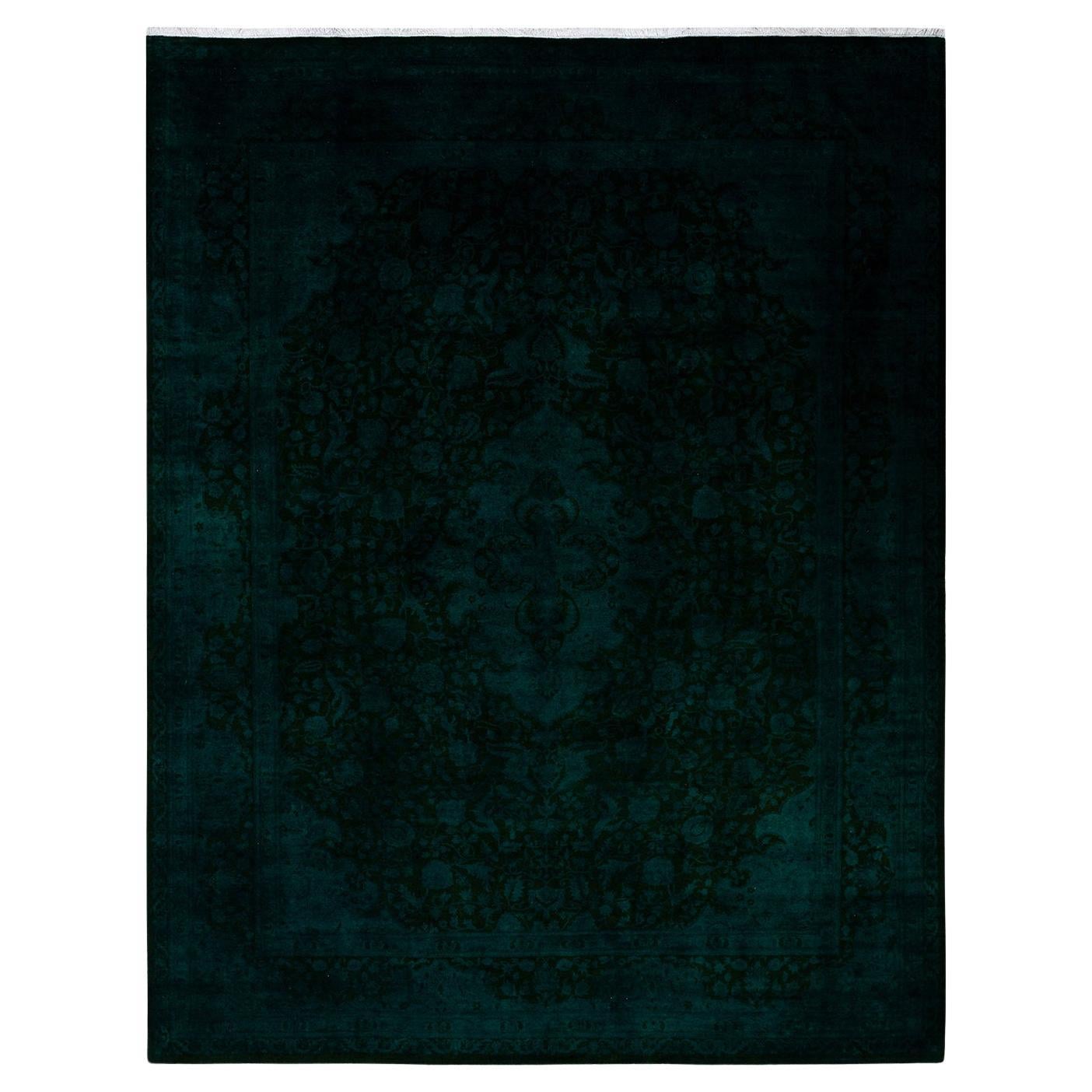Contemporary Overdyed Hand Knotted Wool Green Area Rug