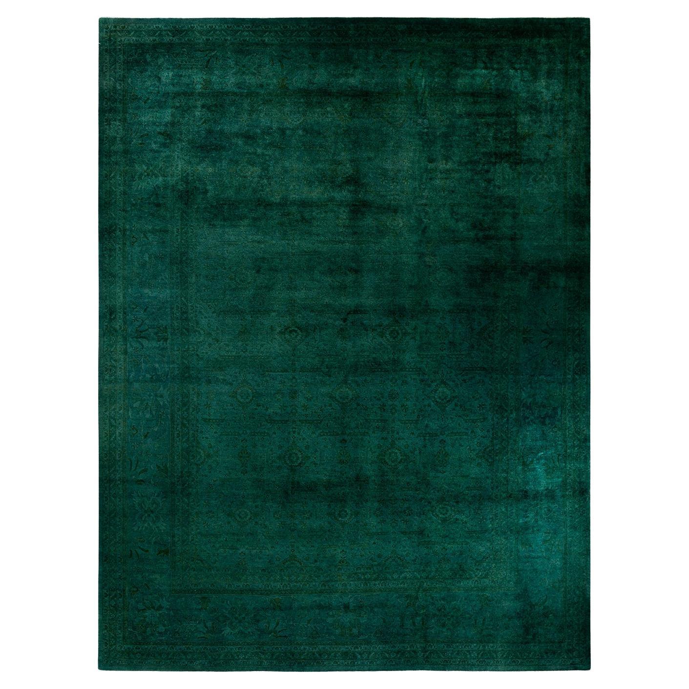 Contemporary Overdyed Hand Knotted Wool Green Area Rug For Sale