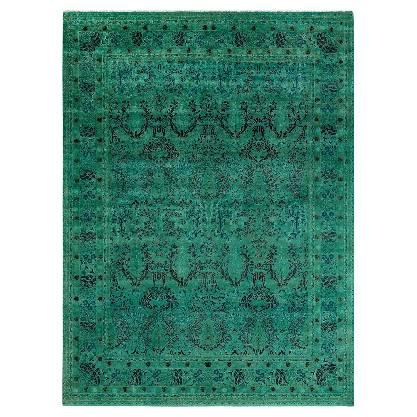 Contemporary Overdyed Hand Knotted Wool Green Area Rug For Sale
