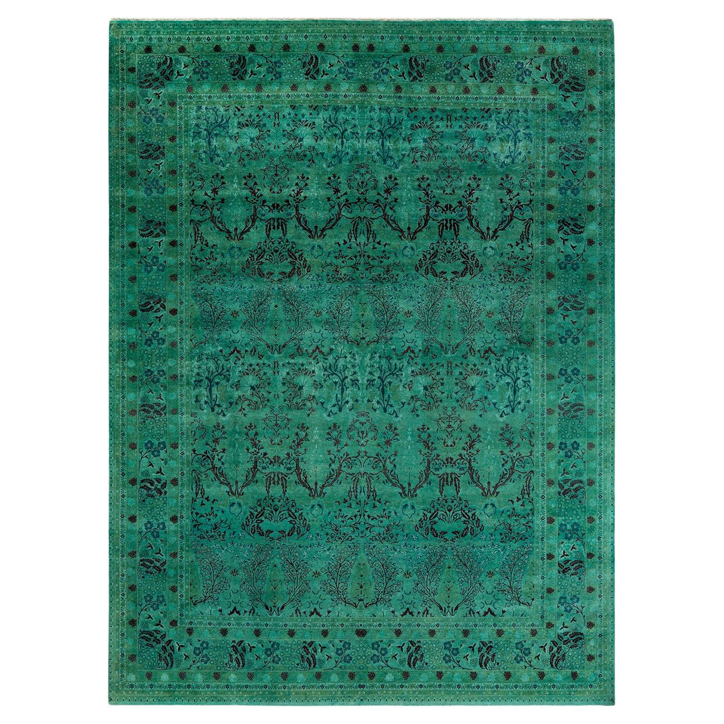 Contemporary Overdyed Hand Knots Rugs (Tappeto di lana verde)