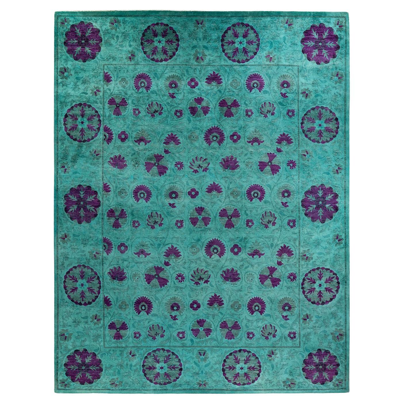 Contemporary Overdyed Hand Knotted Wool Green Area Rug For Sale