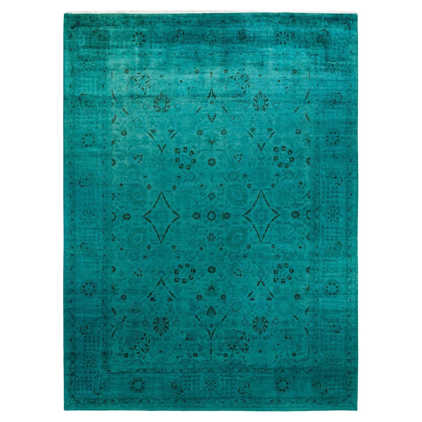Contemporary Overdyed Handknotted Wool Green Area Rug