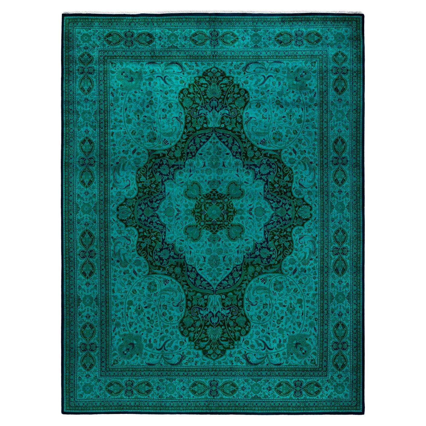 Contemporary Overdyed Hand Knotted Wool Green Area Rug For Sale