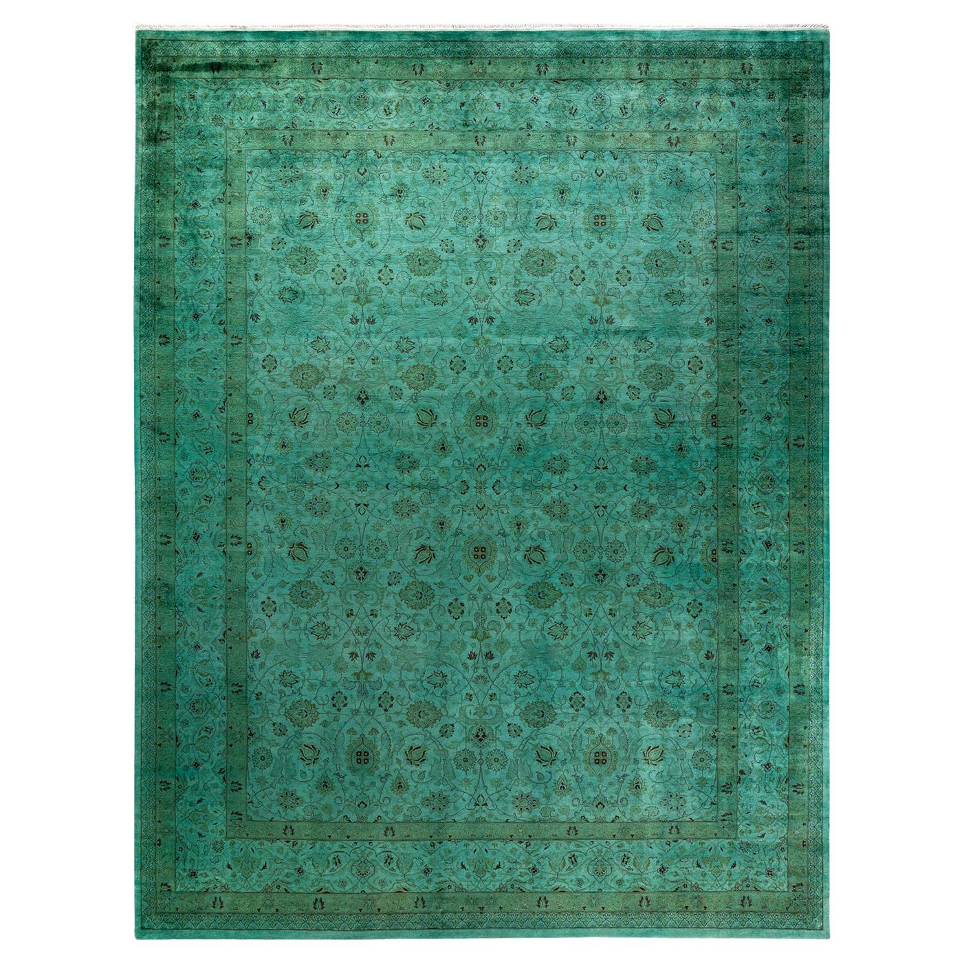 Contemporary Overdyed Hand Knots Rugs (Tappeto di lana verde)