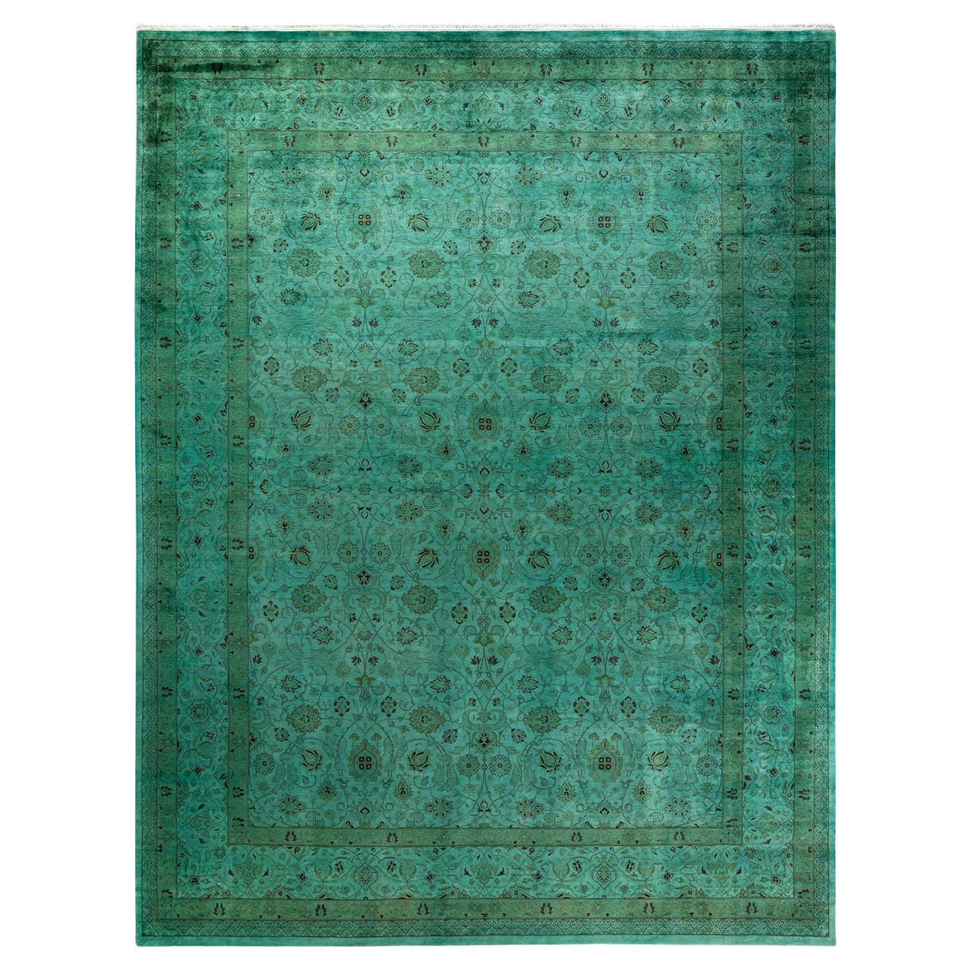 Contemporary Overdyed Hand Knotted Wool Green Area Rug