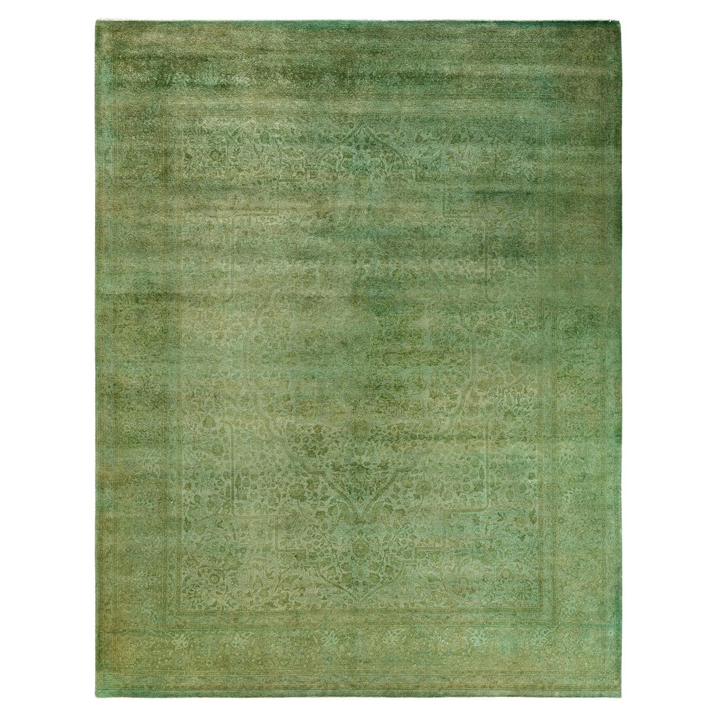 Contemporary Overdyed Hand Knotted Wool Green Area Rug