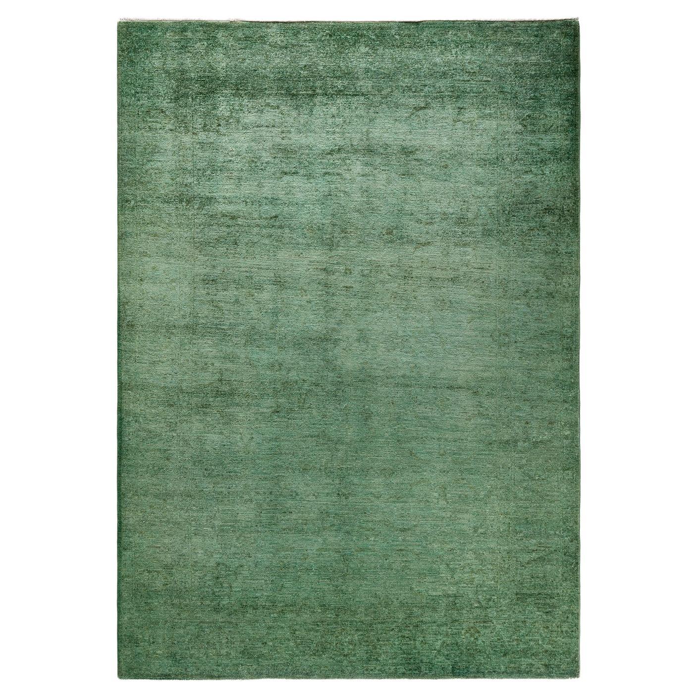 Contemporary Overdyed Hand Knotted Wool Green Area Rug For Sale