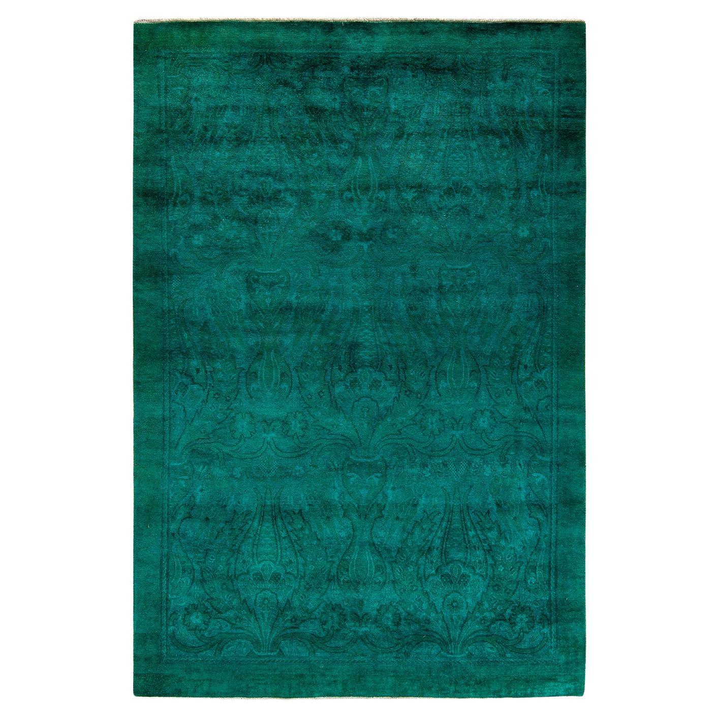 Contemporary Overdyed Hand Knotted Wool Green Area Rug For Sale
