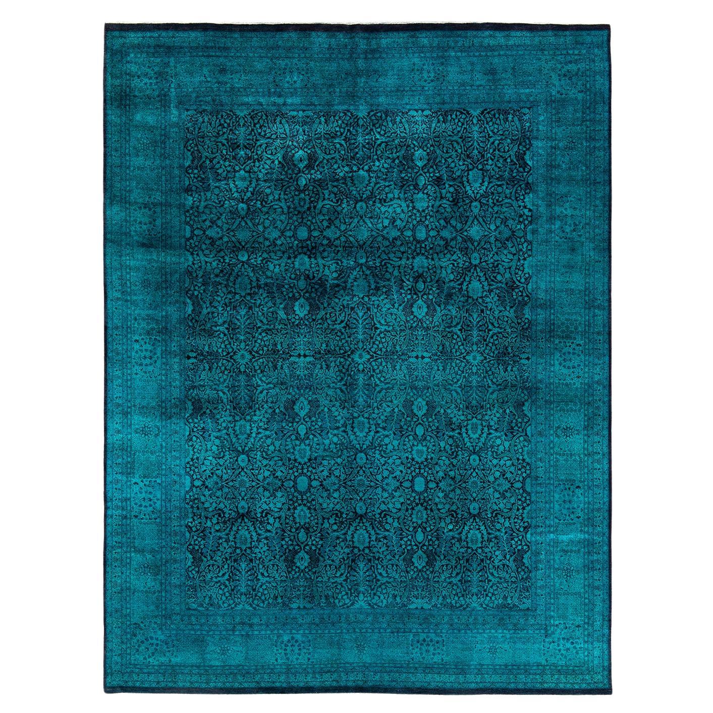 Contemporary Overdyed Hand Knotted Wool Green Area Rug For Sale