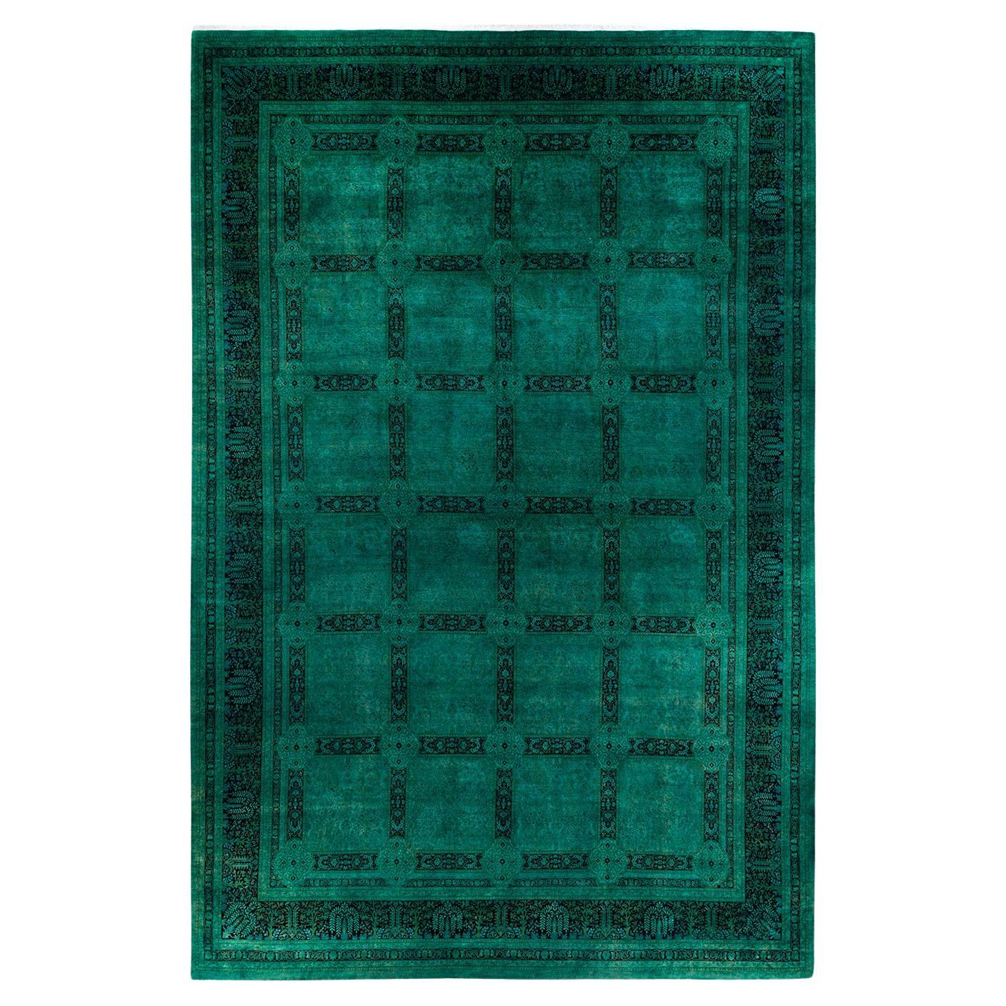 Contemporary Overdyed Hand Knotted Wool Green Area Rug