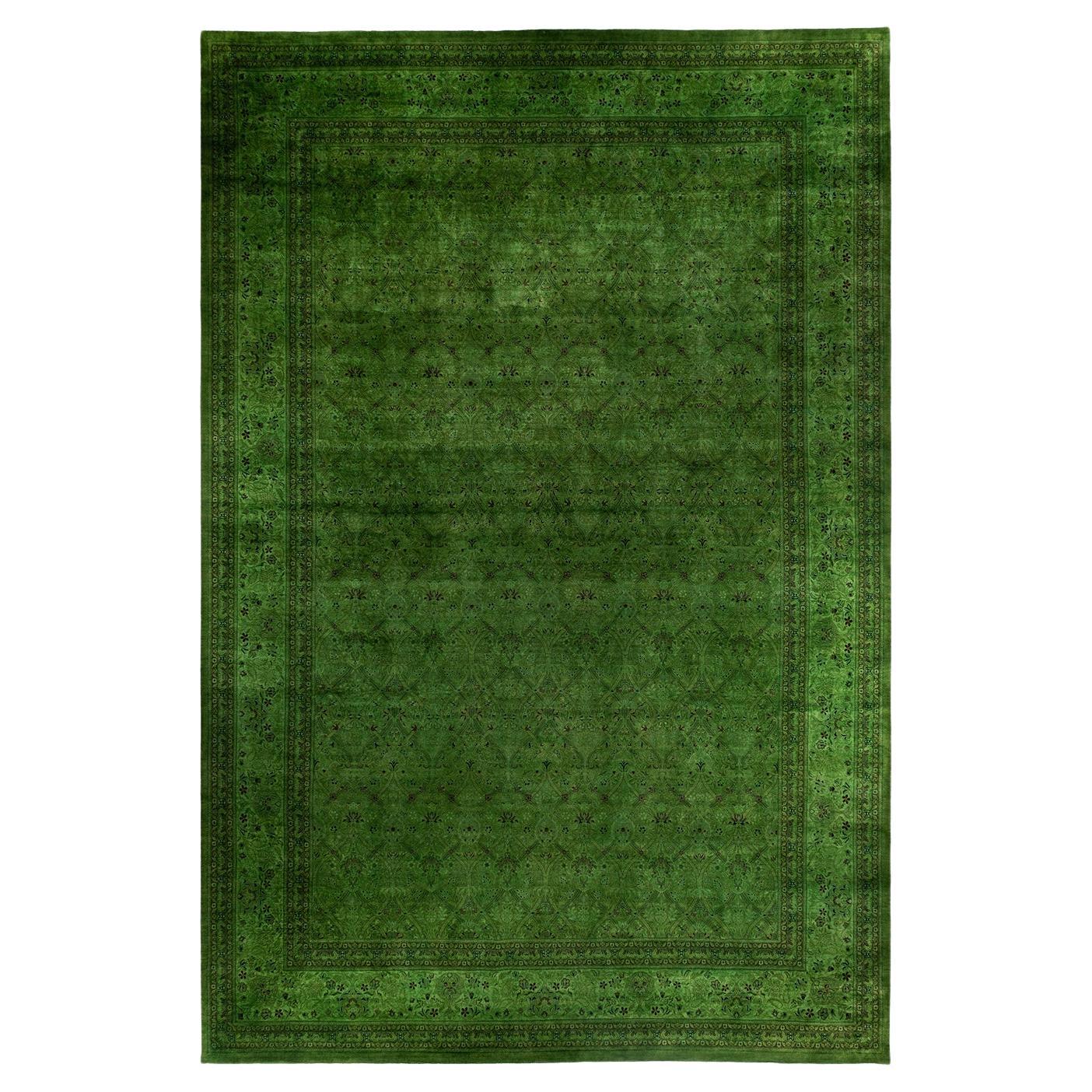 Contemporary Overdyed Hand Knotted Wool Green Area Rug