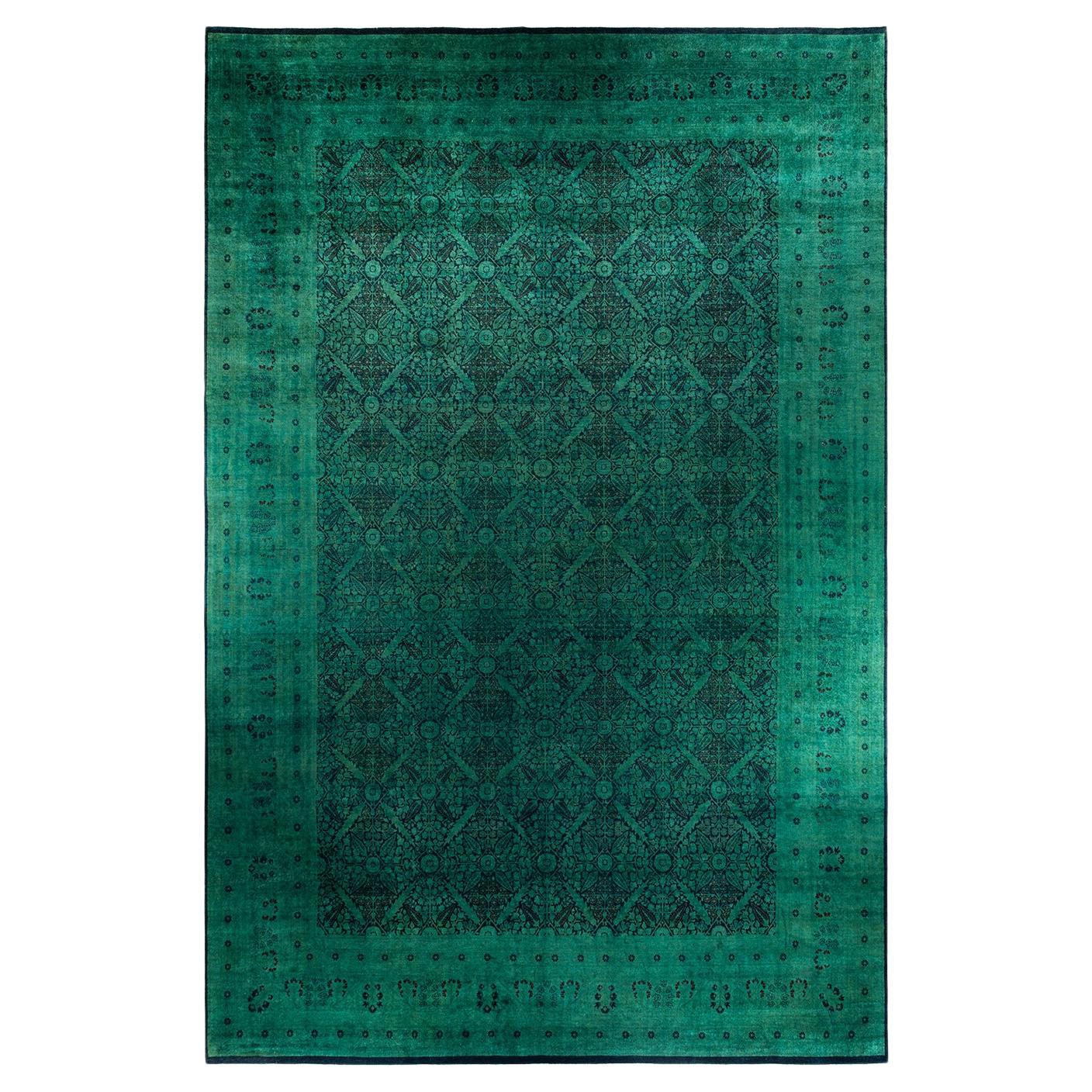 Contemporary Overdyed Hand Knotted Wool Green Area Rug