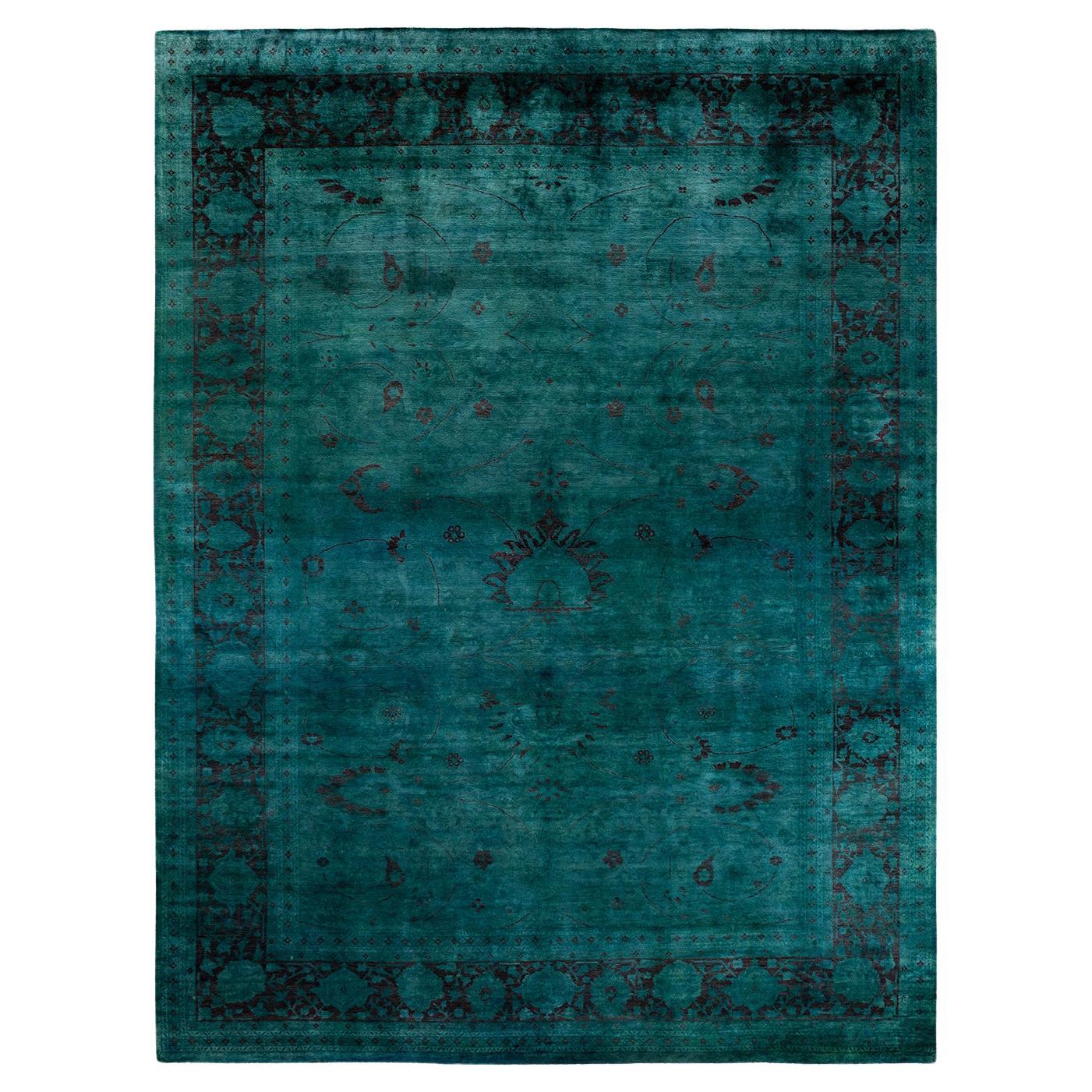 Contemporary Overdyed Hand Knotted Wool Green Area Rug For Sale