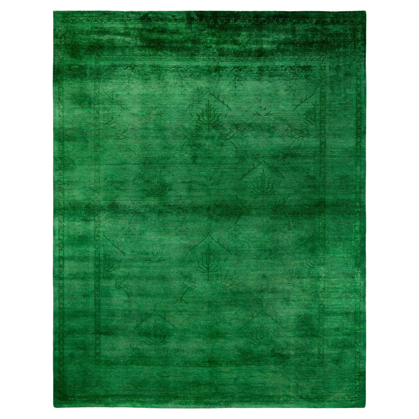 Contemporary Overdyed Hand Knotted Wool Green Area Rug For Sale