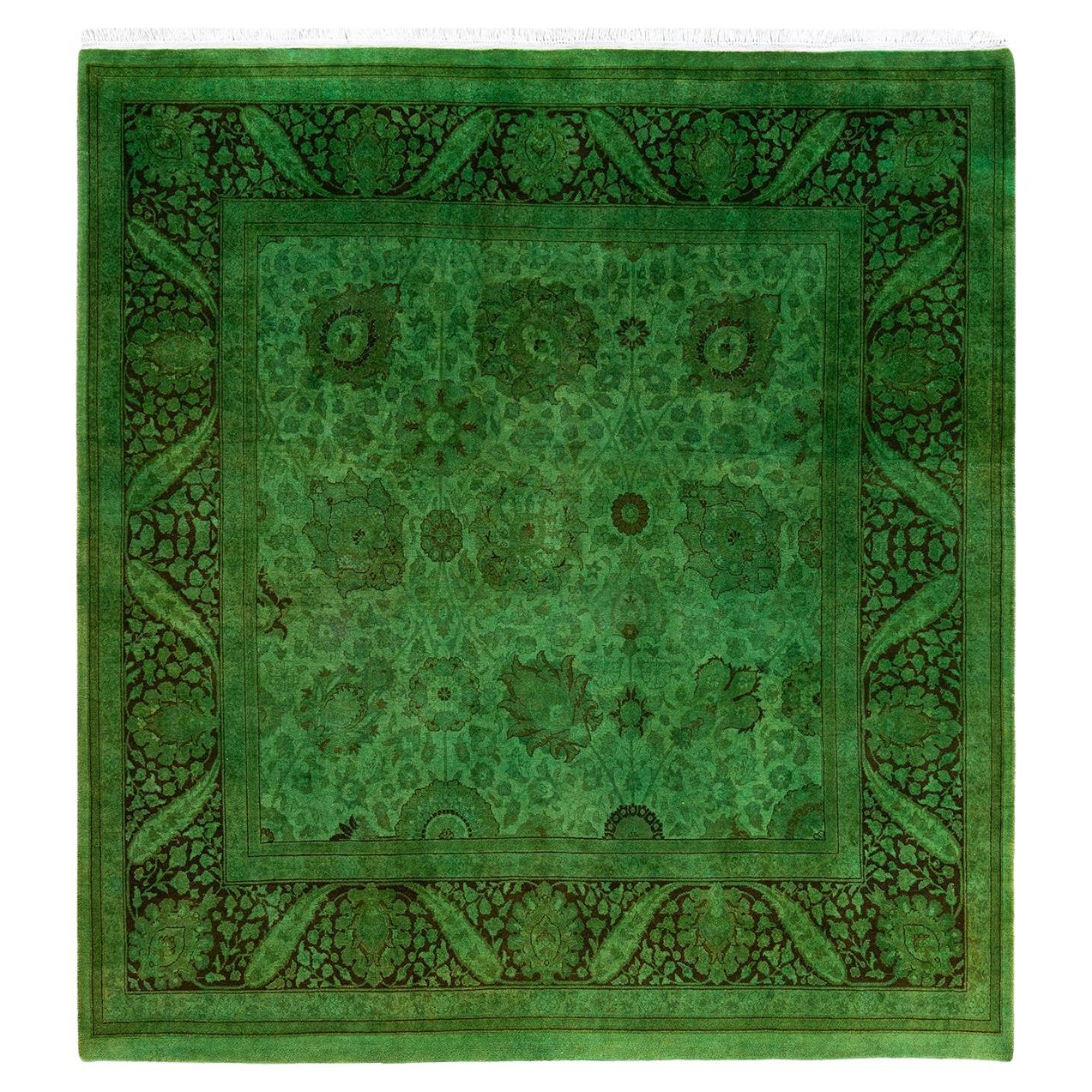 Contemporary Overdyed Hand Knotted Wool Green Area Rug
