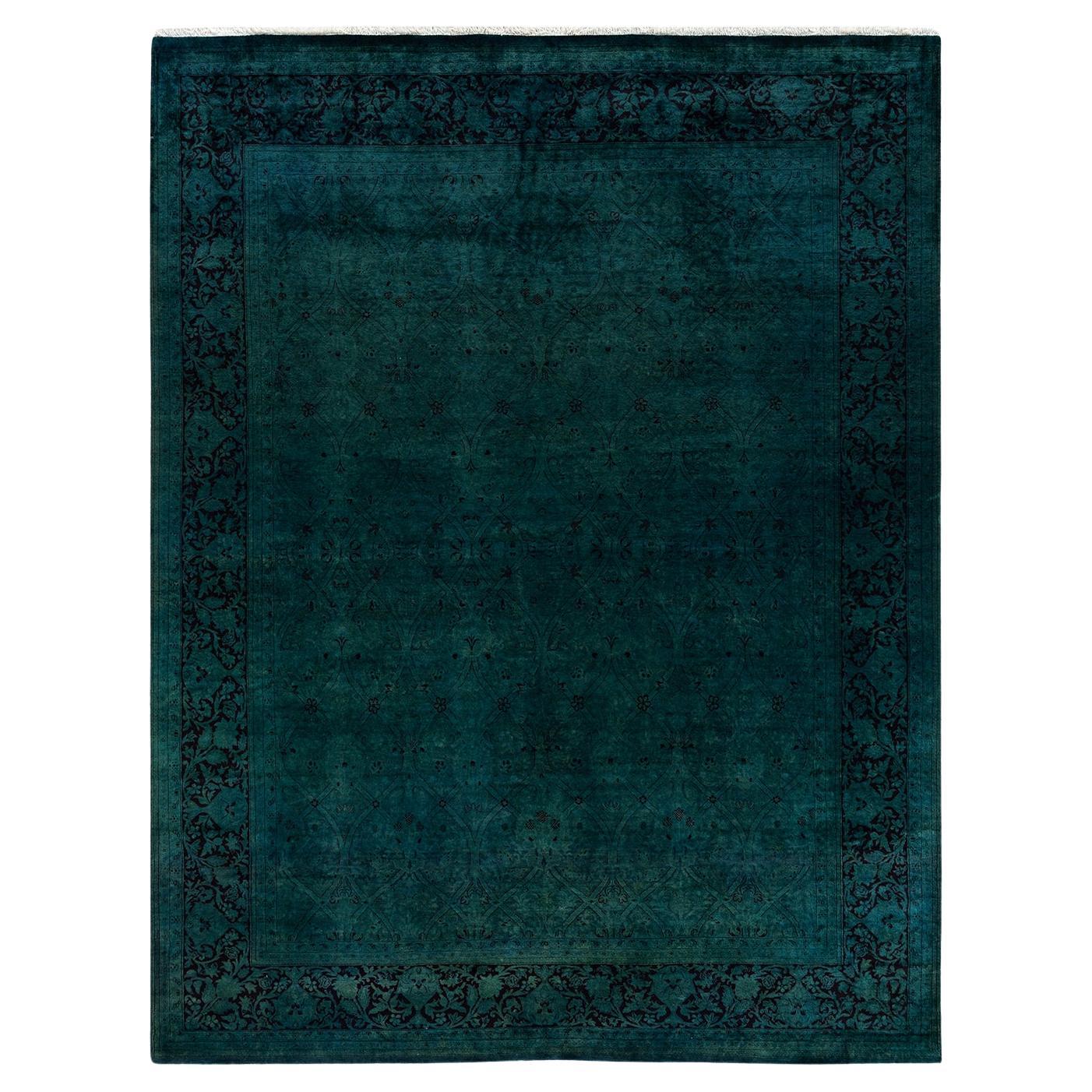 Contemporary Overdyed Hand Knotted Wool Green Area Rug