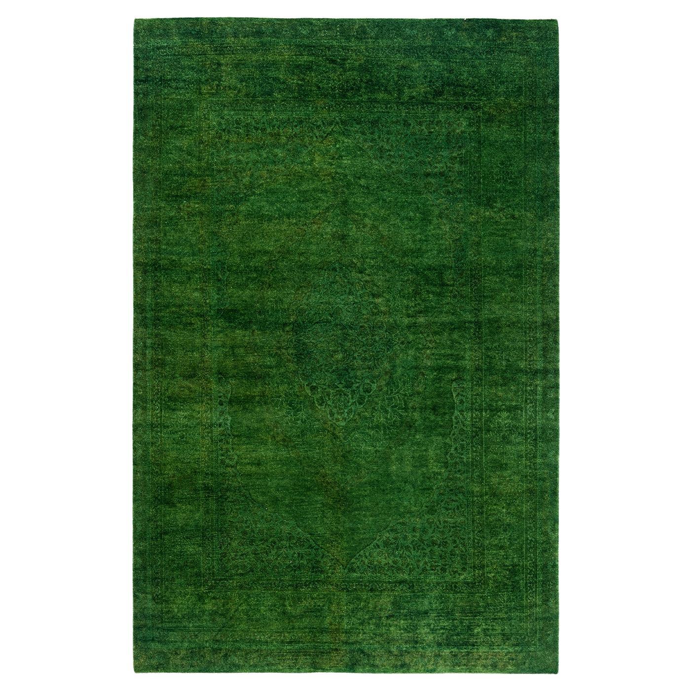 Contemporary Overdyed Hand Knotted Wool Green Area Rug