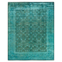 Contemporary Overdyed Hand Knotted Wool Green Area Rug