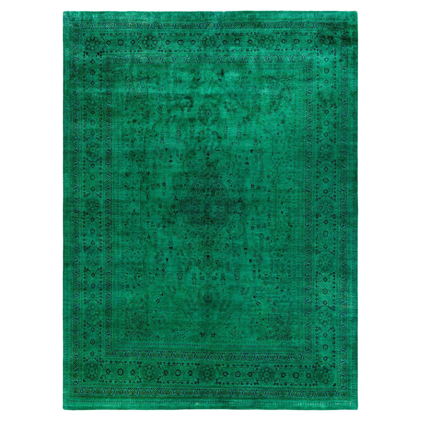 Contemporary Overdyed Hand Knotted Wool Green Area Rug