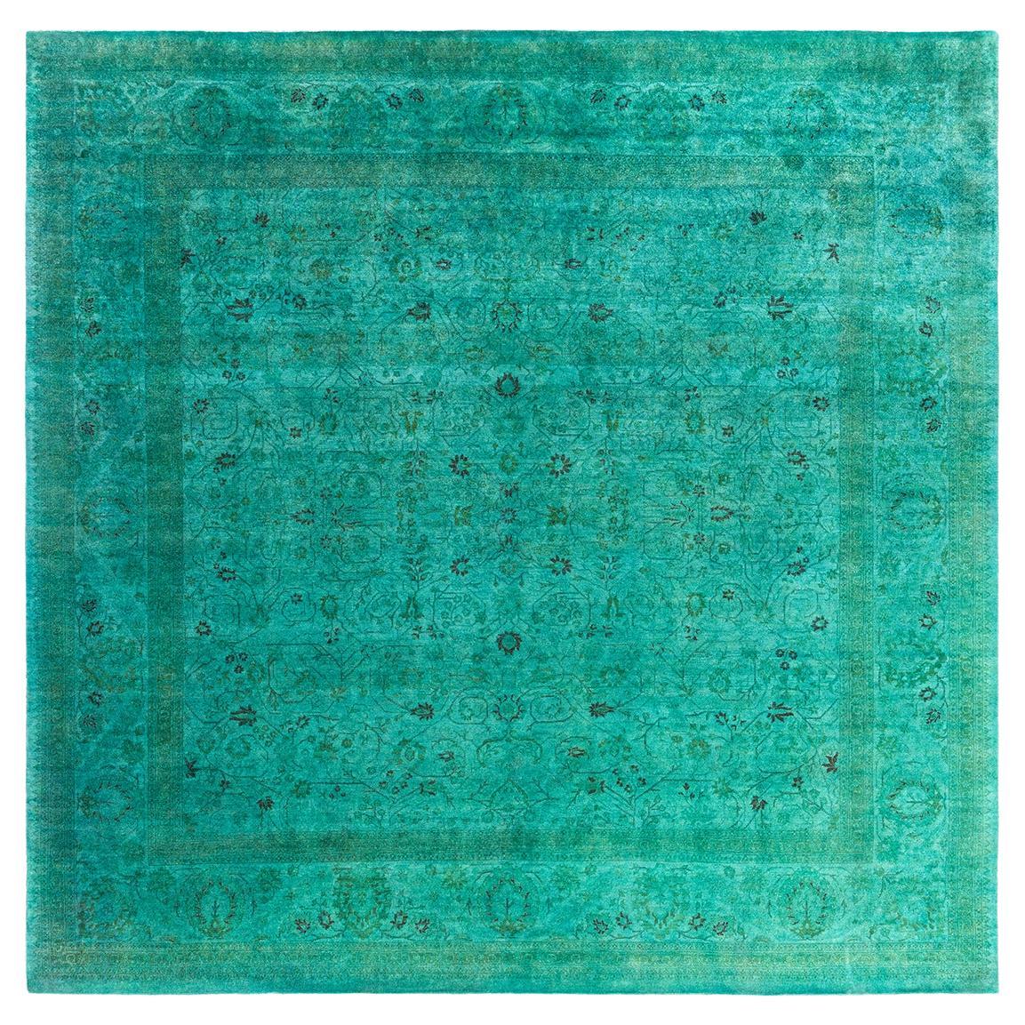 Contemporary Overdyed Hand Knotted Wool Green Area Rug