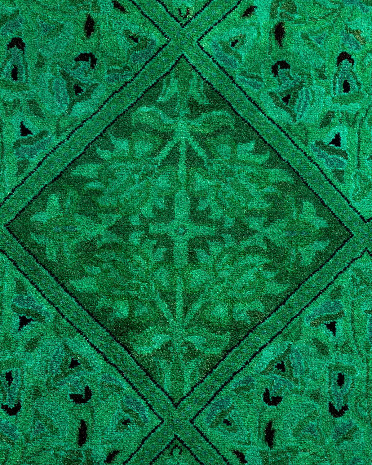 Pakistani Contemporary Overdyed Hand Knotted Wool Green Octagon Area Rug For Sale