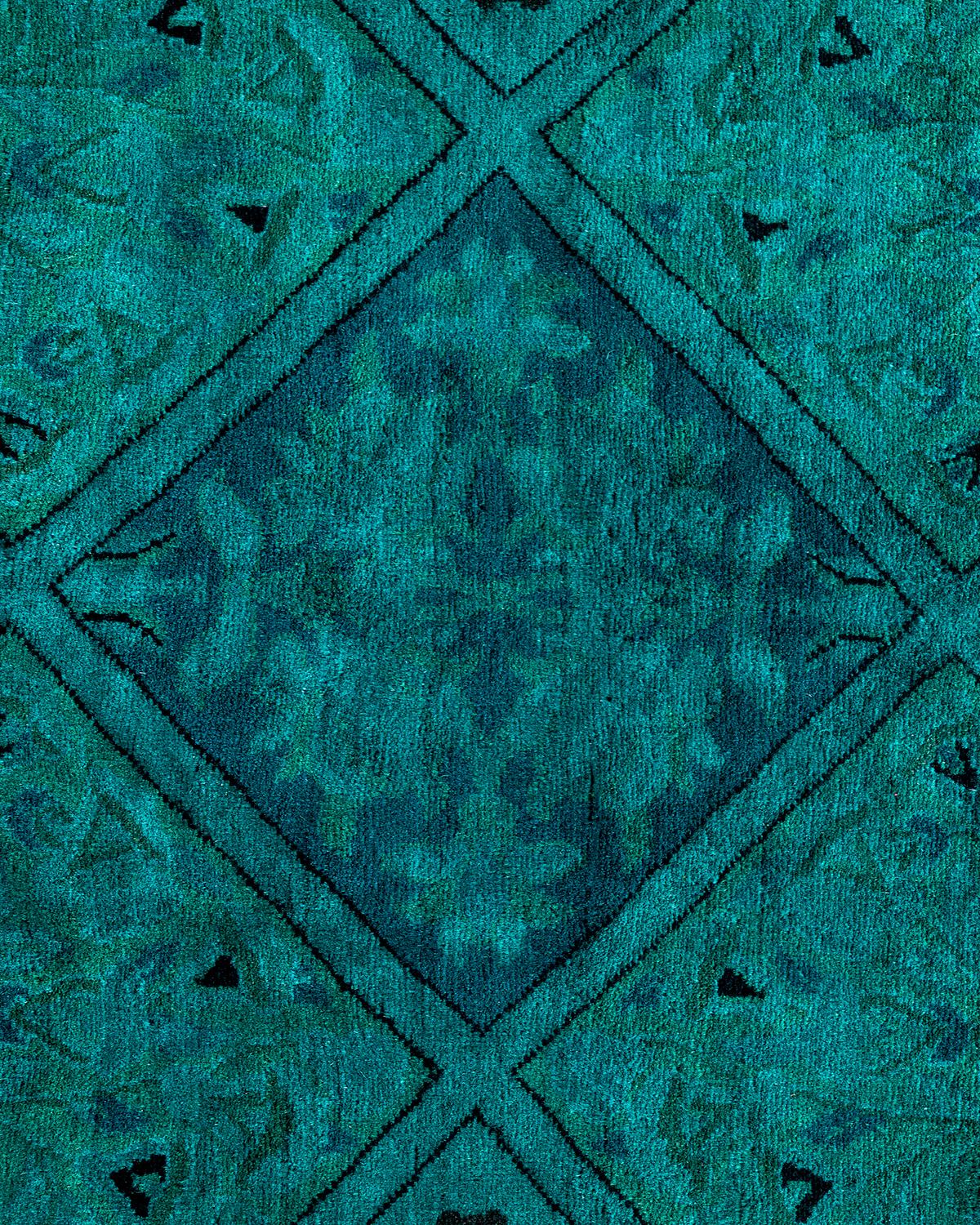 Pakistani Contemporary Overdyed Hand Knotted Wool Green Octagon Area Rug For Sale
