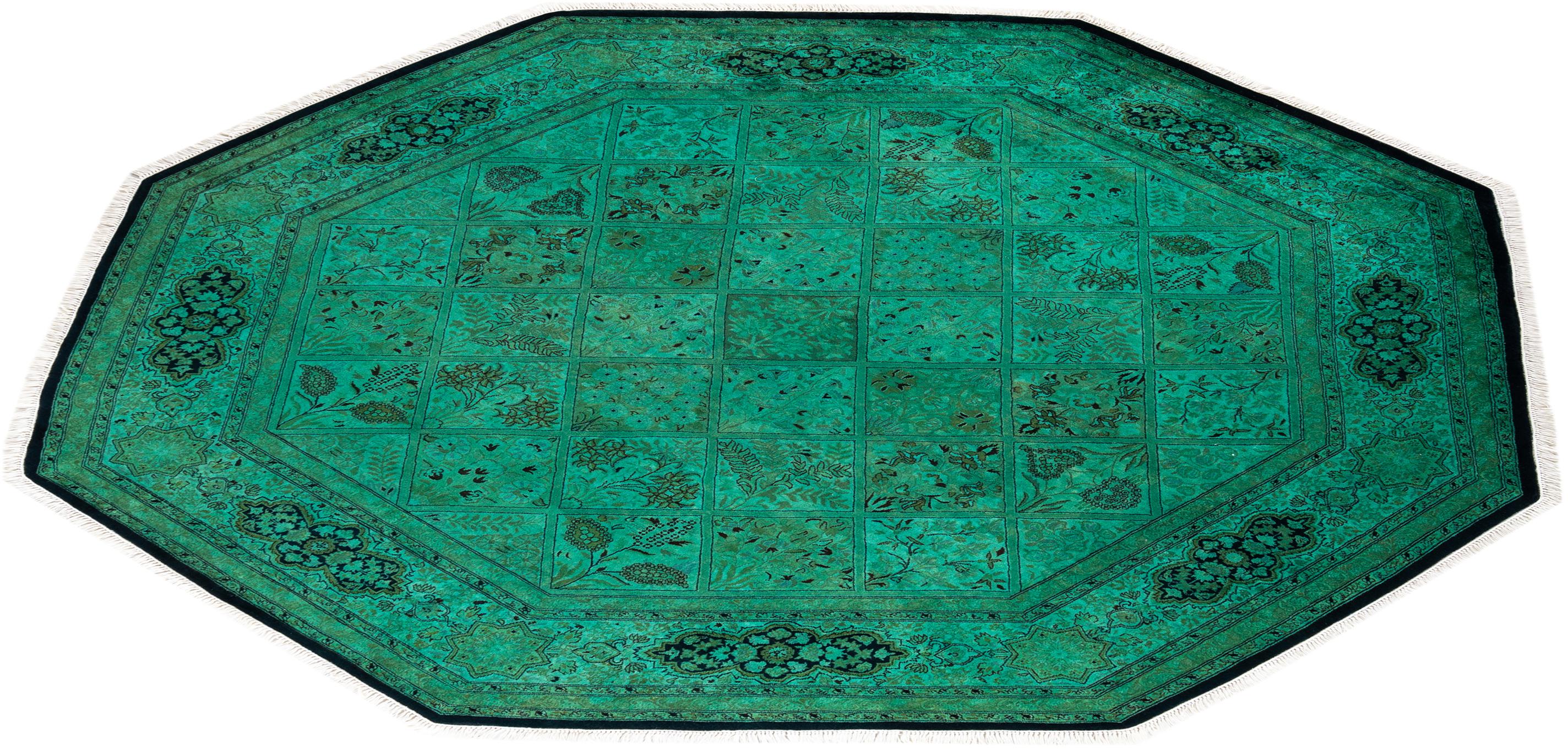 Contemporary Overdyed Hand Knotted Wool Green Octagon Area Rug For Sale 4