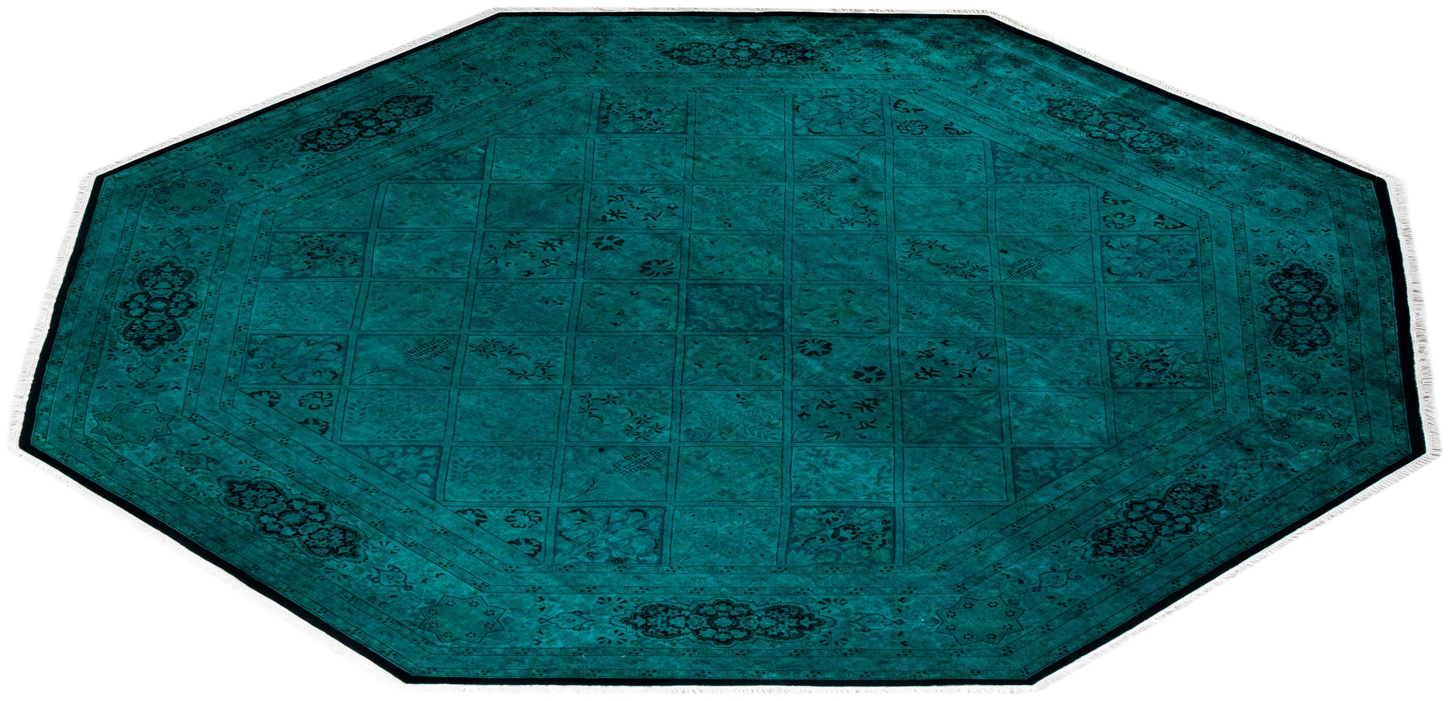 Contemporary Overdyed Hand Knotted Wool Green Octagon Area Rug For Sale 4