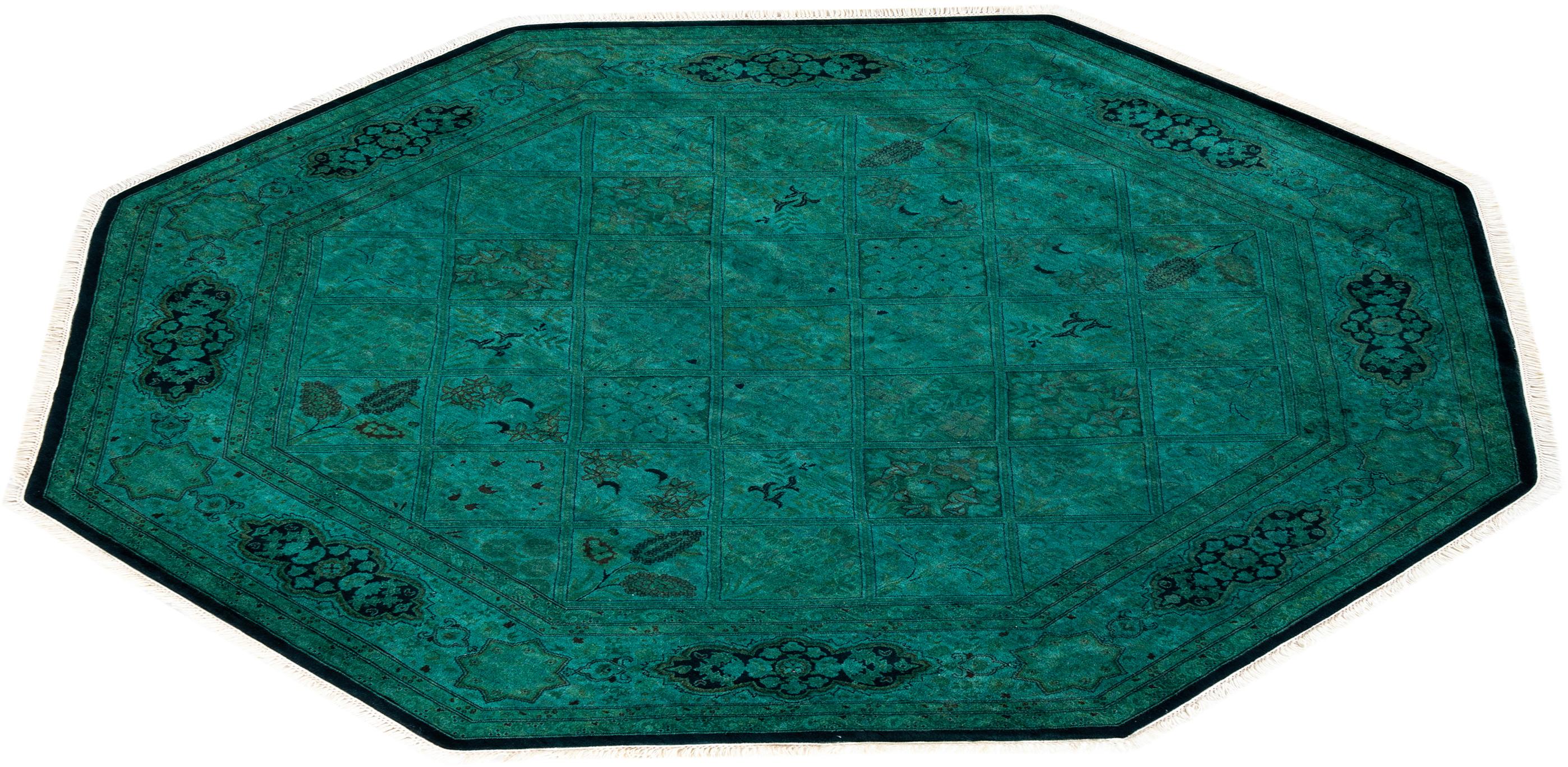 Contemporary Overdyed Hand Knotted Wool Green Octagon Area Rug For Sale 4