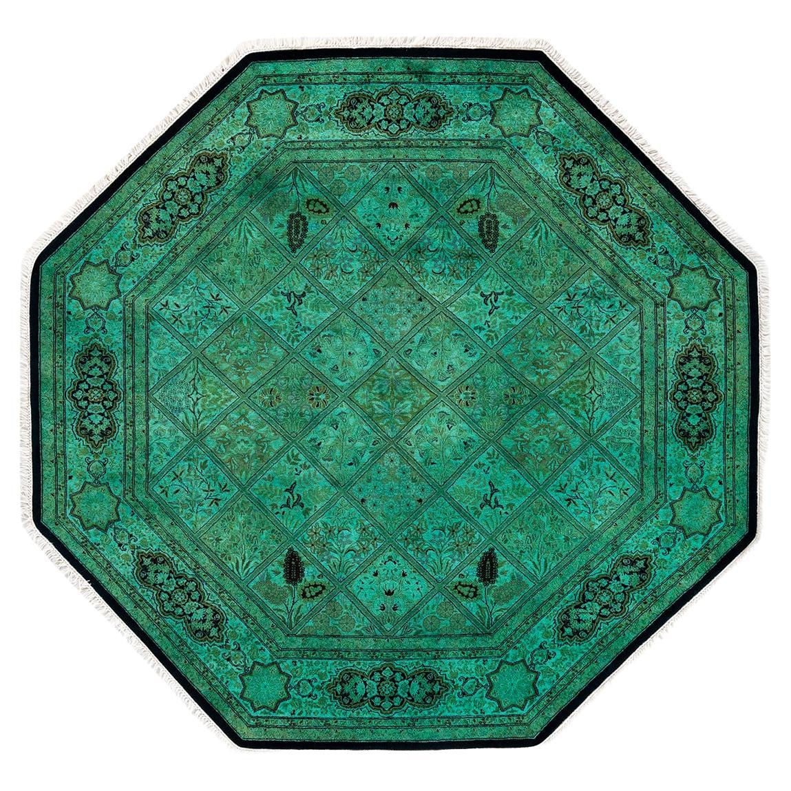 Contemporary Overdyed Hand Knotted Wool Green Octagon Area Rug