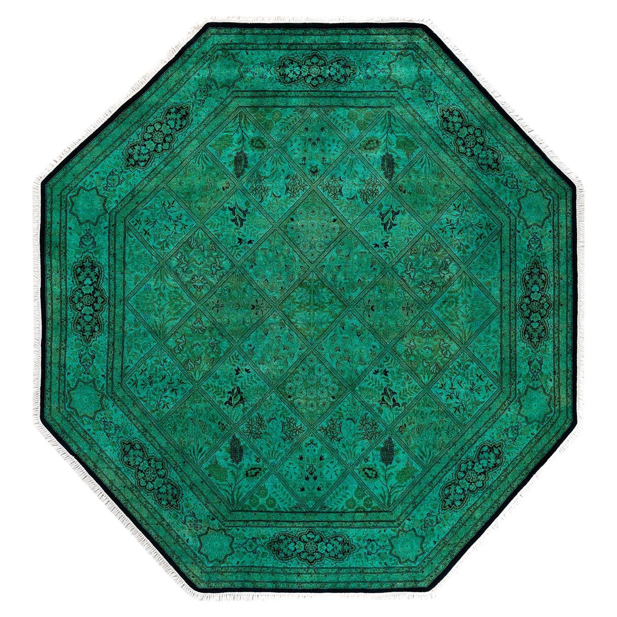 Contemporary Overdyed Hand Knotted Wool Green Octagon Area Rug For Sale