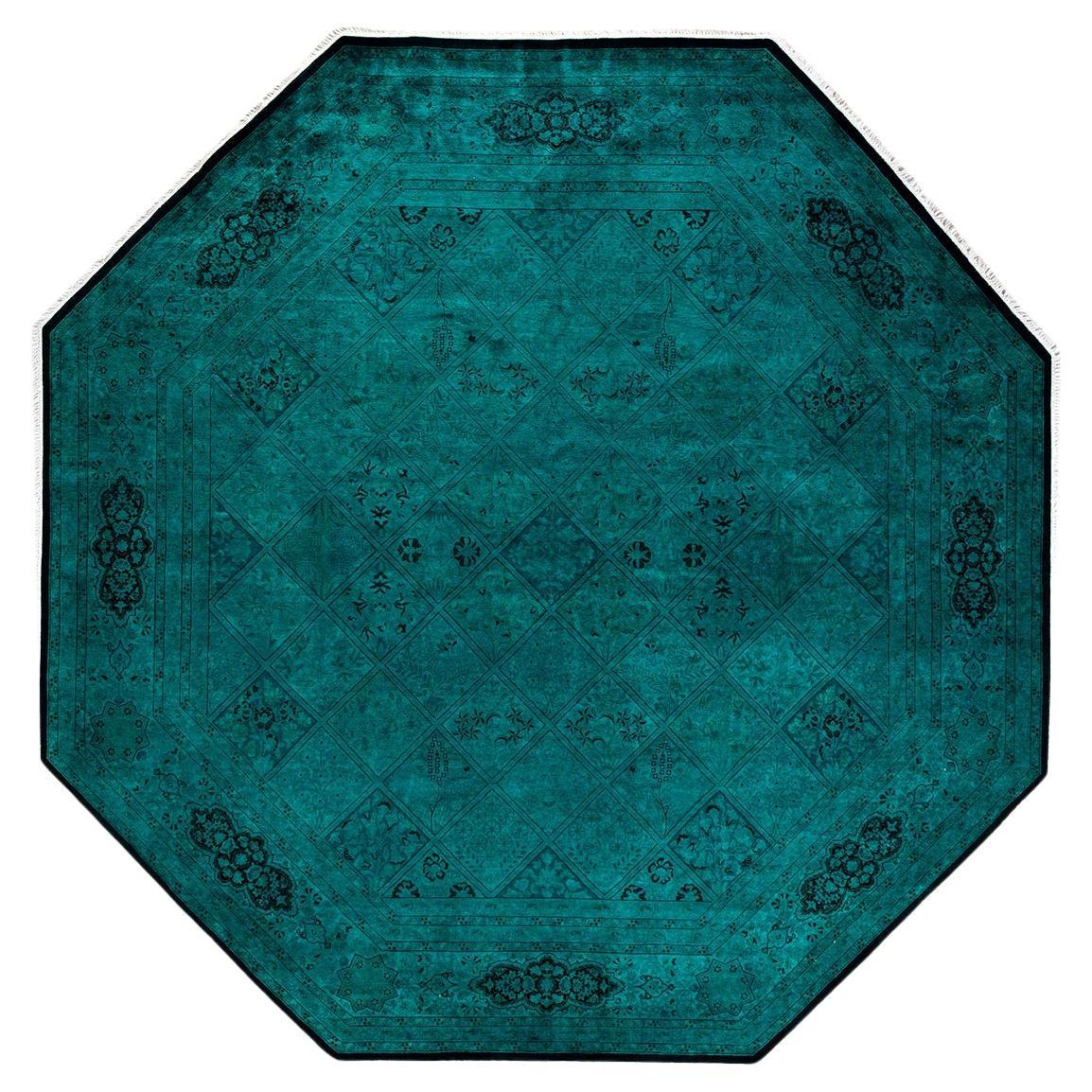 Contemporary Overdyed Hand Knotted Wool Green Octagon Area Rug For Sale