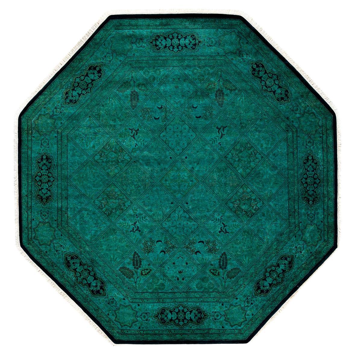 Contemporary Overdyed Hand Knotted Wool Green Octagon Area Rug For Sale
