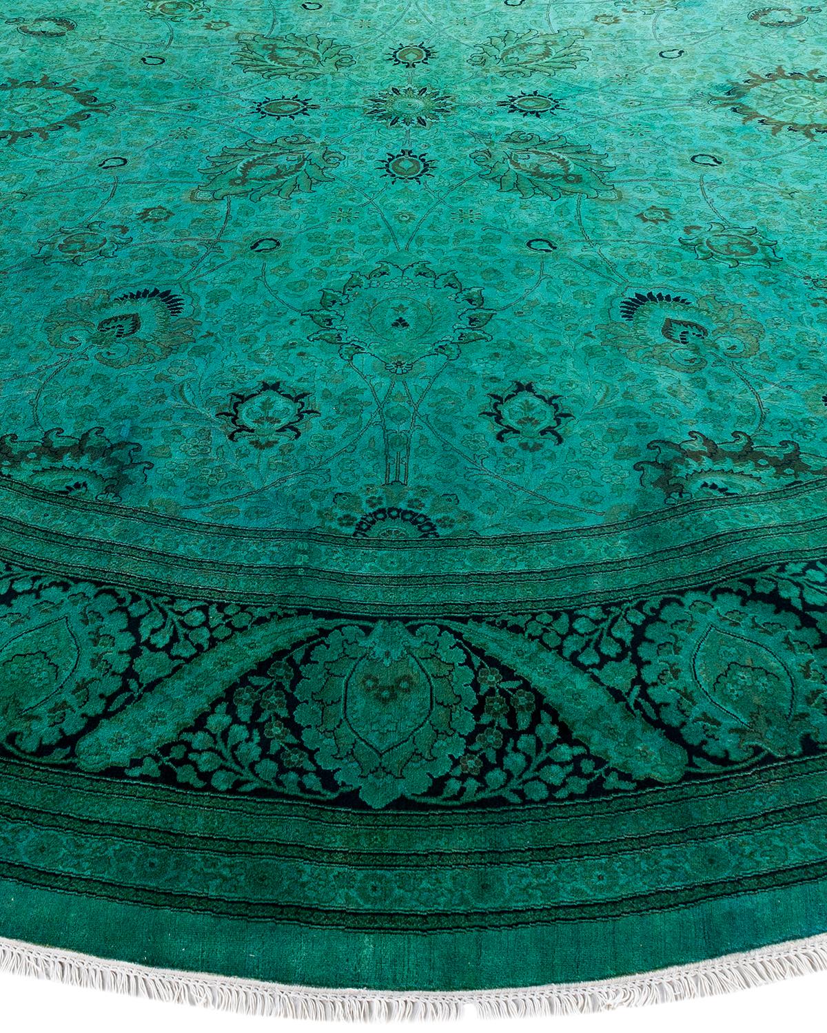 Contemporary Overdyed Hand Knotted Wool Green Round Area Rug 12' 1