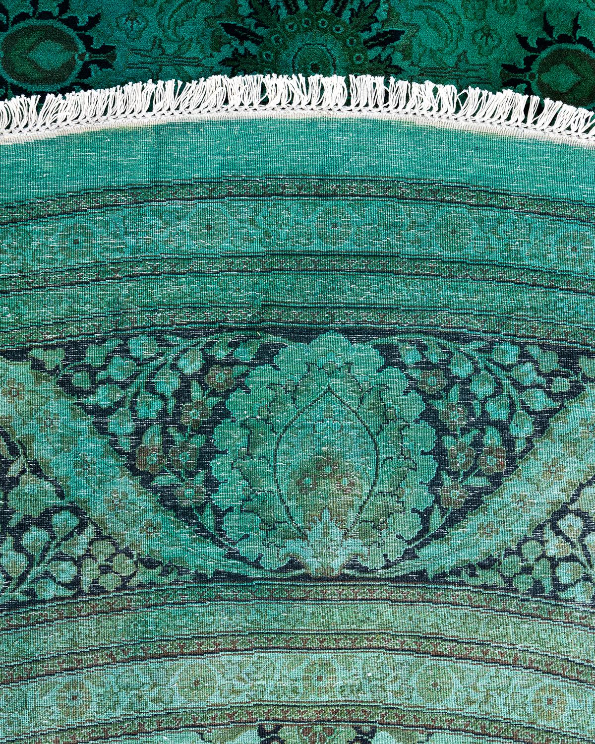XXI secolo e contemporaneo Contemporary Overdyed Hand Knotted Wool Green Round Area Rug 12' 1